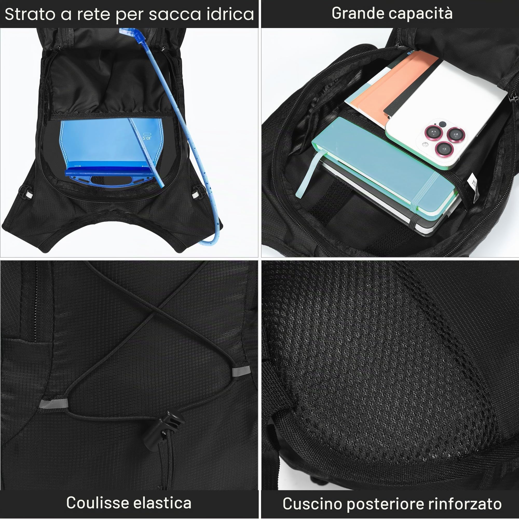 Zaino da Ciclismo Ultraleggero con Rete per Casco, Impermeabile, per Escursioni, Arrampicata, Corsa, Campeggio, Sport, Nero, 6,75 L