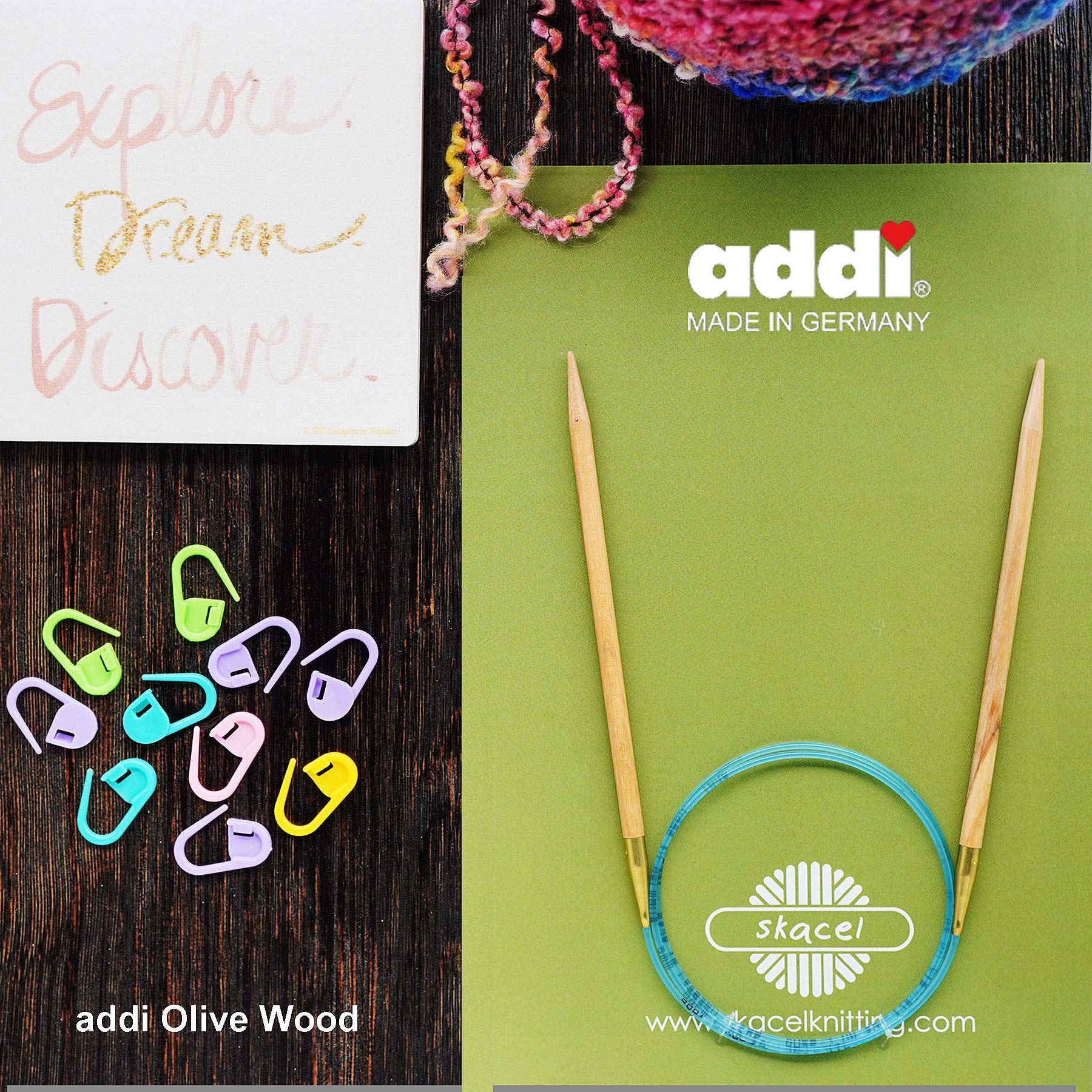 Addi Bundle: Olivenholz rund 20 (50 cm) Stricknadeln + 10 artsiga Crafts Maschenmarkierer, Olivenholz, Size-US-08-(5.00mm)