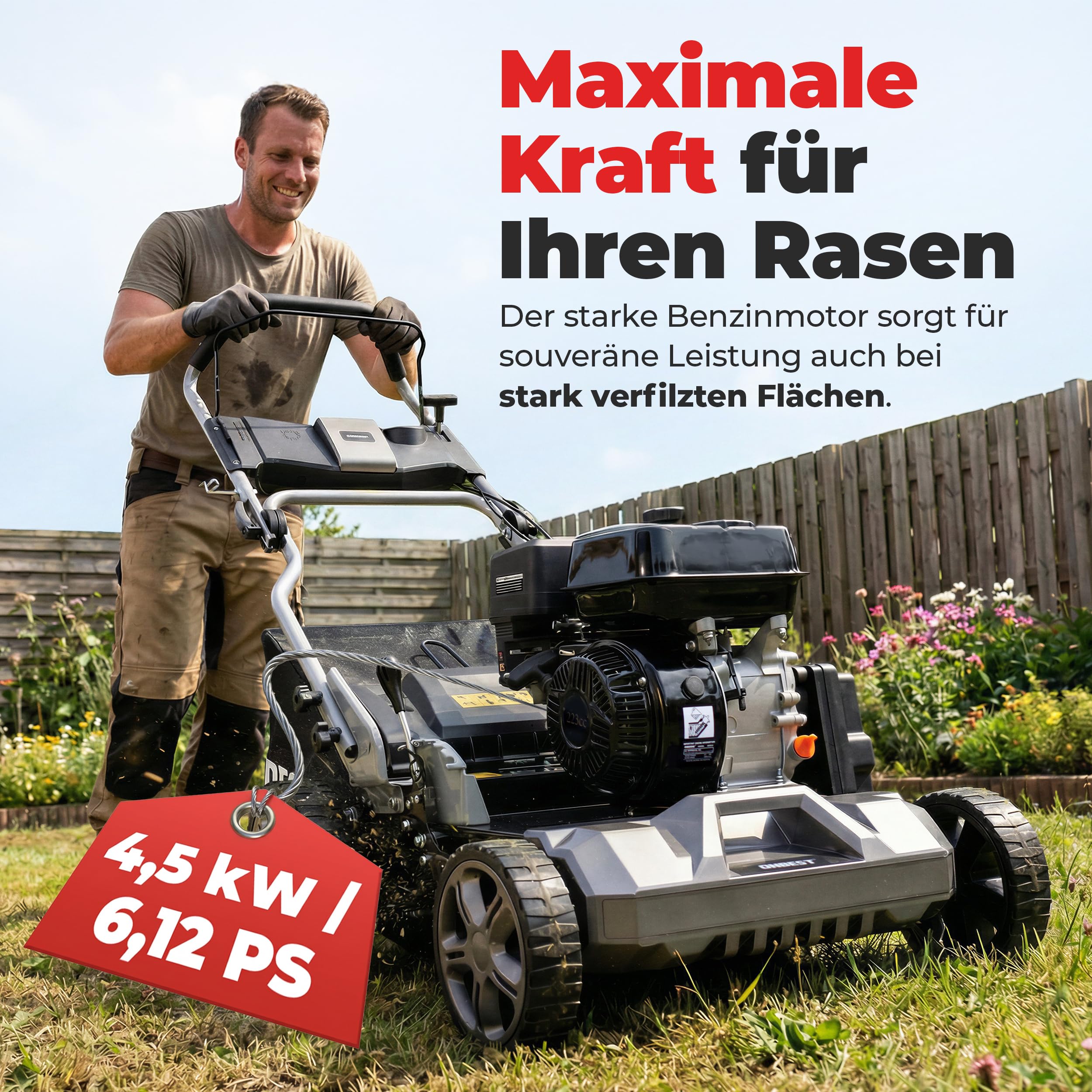 ONBEST Benzin Vertikutierer 4,5 kW 6,12 PS 440 mm | Rasenvertikutierer und Rasenlüfter mit Messer- und Federkrallenwalze, 45 L Fangkorb und 6 Tiefenstufen