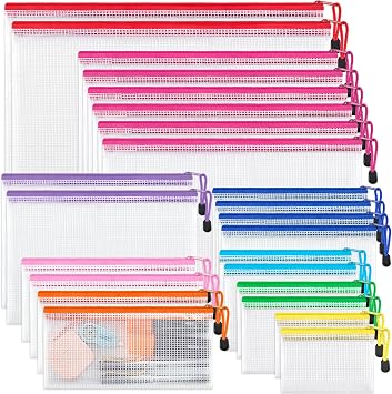 JARLINK 24 Pcs Mesh Zipper Pouch Bags, 8 Sizes Waterproof Zipper Bags | Multi-use Travel Bags for Office, School, Board Game, Puzzles, Cosmetics, Travel Accessories, and Home Organization, 9 colors