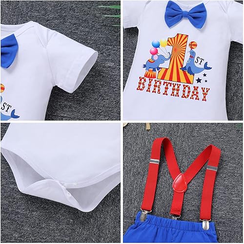 Miniatura 5 de IBTOM CASTLE Disfraz con temática de carnaval de circo para primer cumpleaños para bebé niño, tirantes sombrero con corbatín y accesorios para fotos
