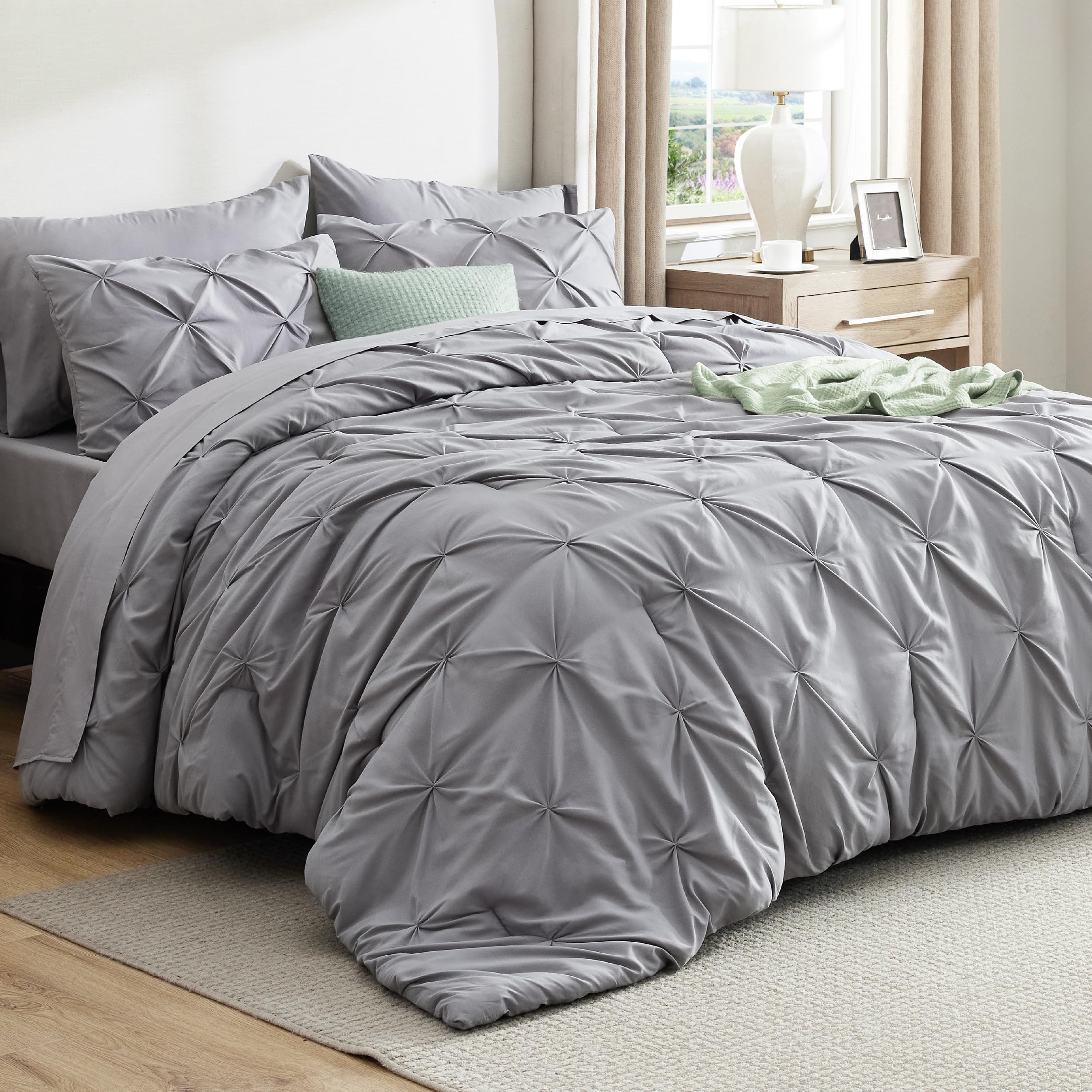 Bedsure Full Comforter Set Grey - Bed in a Bag Full Size Bedding Set 7 Pieces, GentleSoft™ Pintuck Bed Set Gift for Family, Pinch Pleat Grey Comforter with Sheets, Pillowcases & ShamsOEKO-TEX STANDARD 100