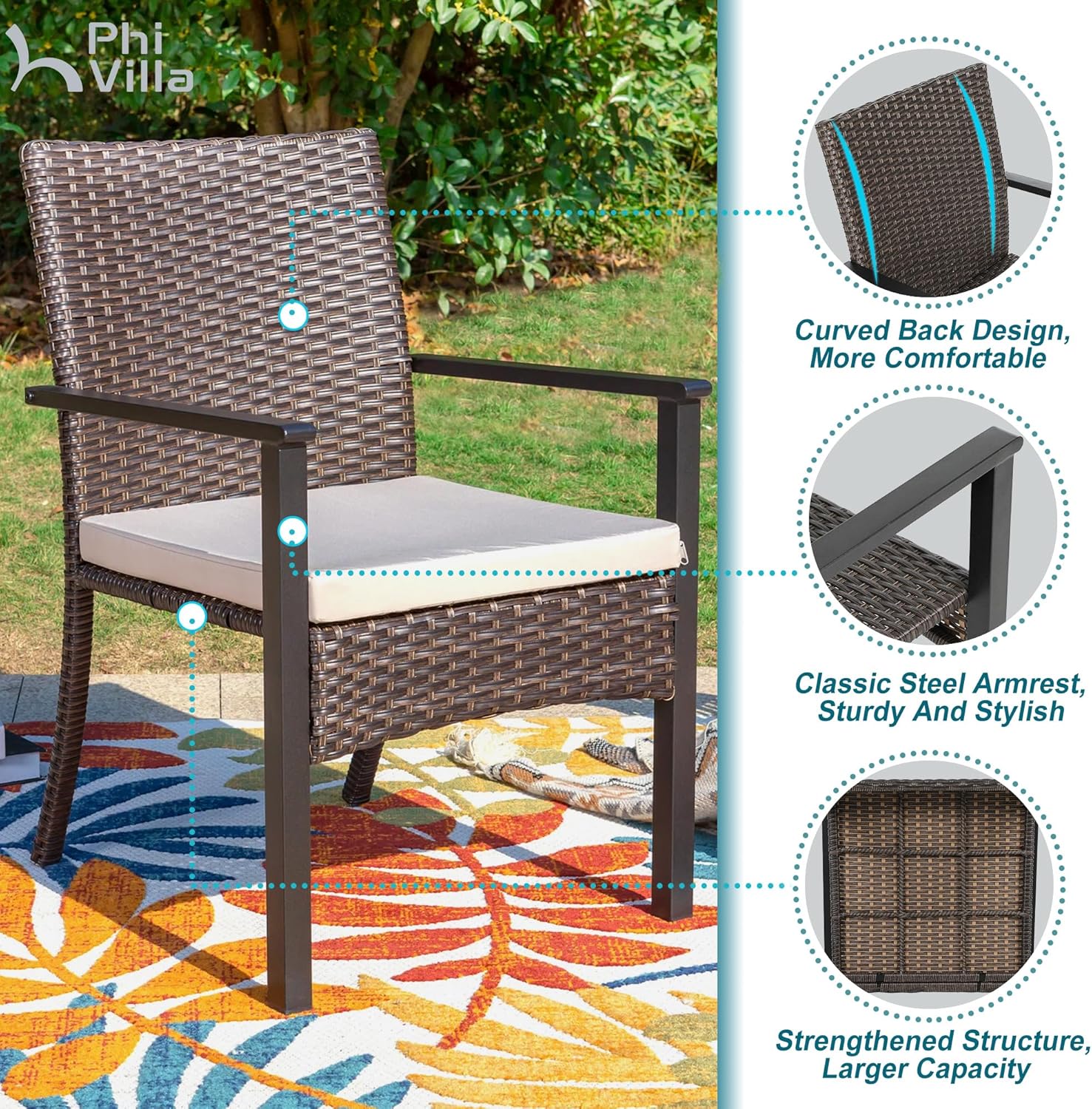 PHI VILLA 7 Pieces Outdoor Dining Set with Umbrella for 6, Rectangular Wood-Top Metal Table & Wicker Chairs with Cushions & 13ft Beige Umbrella, Modern Dining Furniture Set for Patio,Deck,Backyard