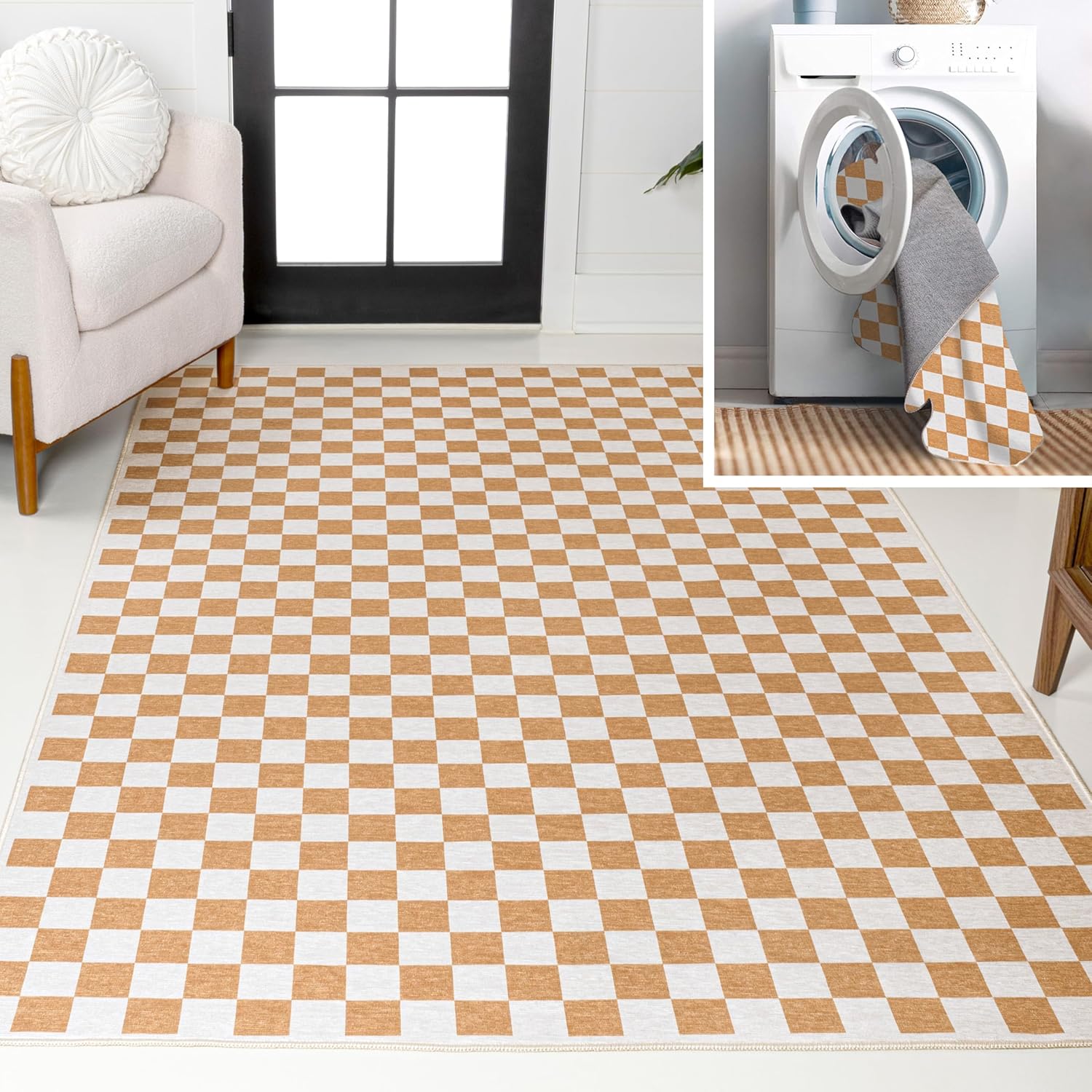 JONATHAN Y Machine Washable Gold/Cream Indoor Area Rug 8X10 ft, Ainsley Modern Cottage Checkerboard for Living Room, Bedroom, Kitchen, Office, Easy-Cleaning, Pet-Friendly, Non-Shedding WSH126B-8