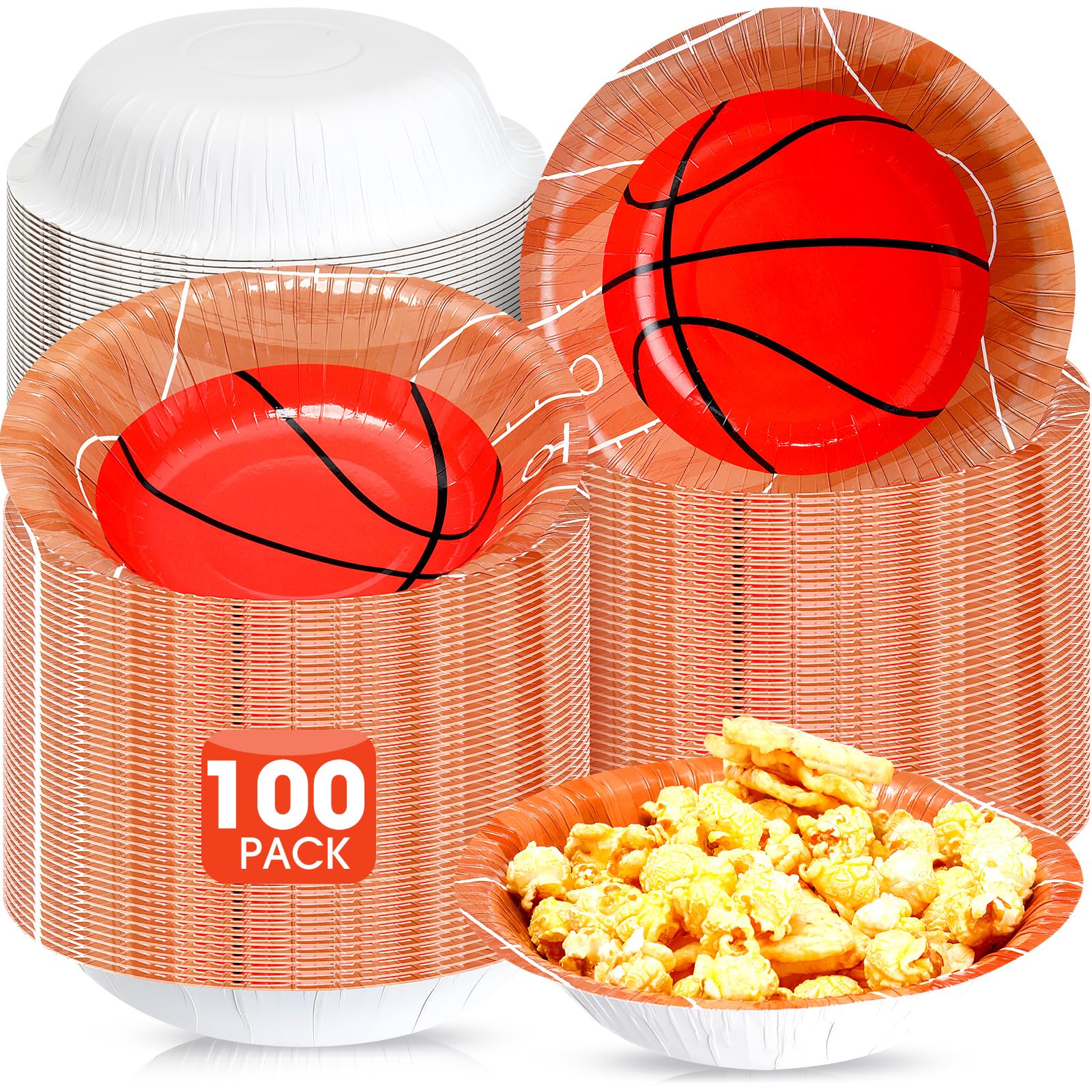Shellwei 100 Pcs 16 oz Basketball Paper Bowls Basketball Round Snack Bowls Disposable Hot Soup Bowls Serving Salad Bowls for Dessert Milk Cereal Catering Events Basketball Party Favor (Unique Style)
