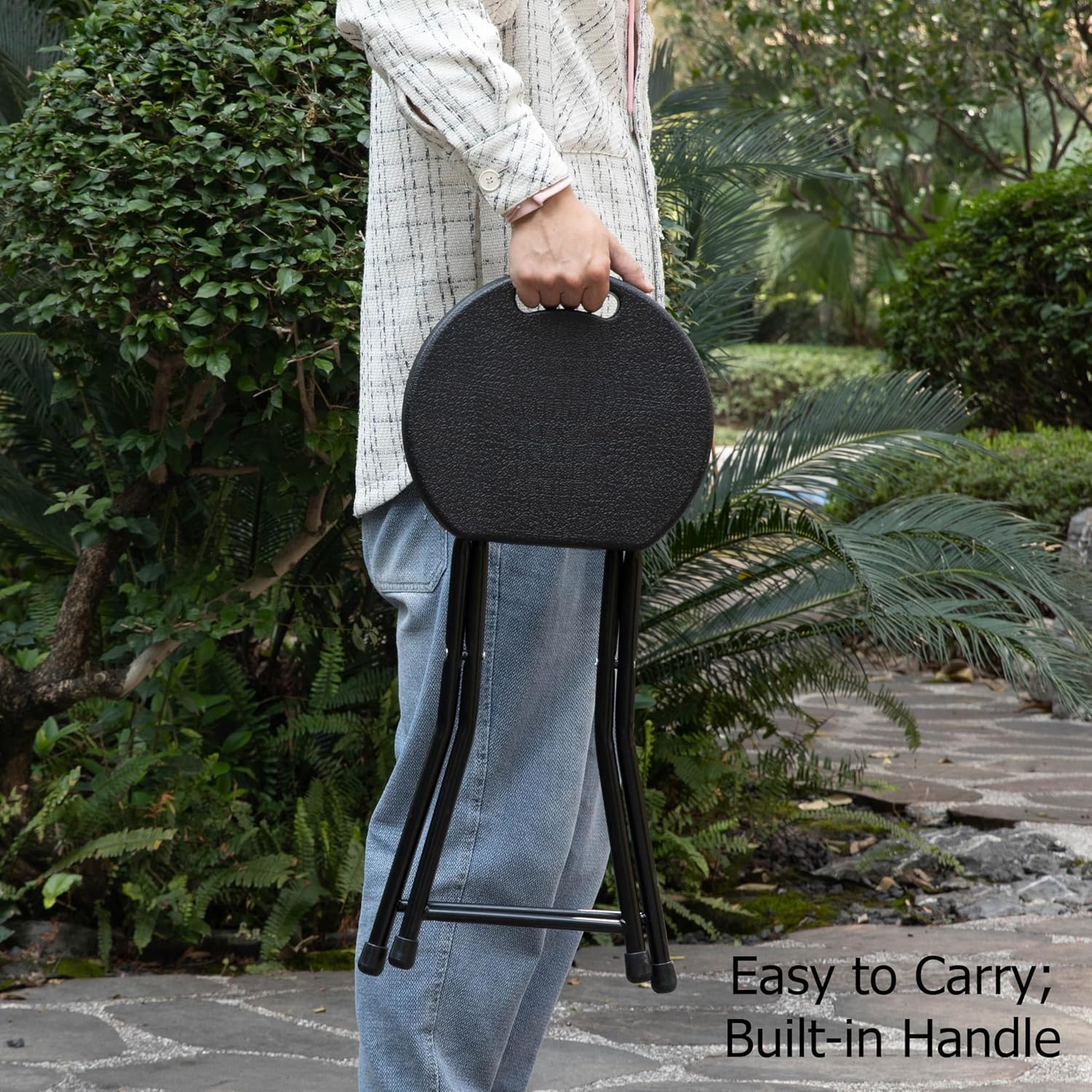 Basicwise Portable Folding Stool with Handle Compact Chair with Non-Slip Feet and Metal Frame Legs for Indoor & Outdoor Use Ideal for Dorm Kitchen Vanity Game Room Garden Porch & Home Bar, Black