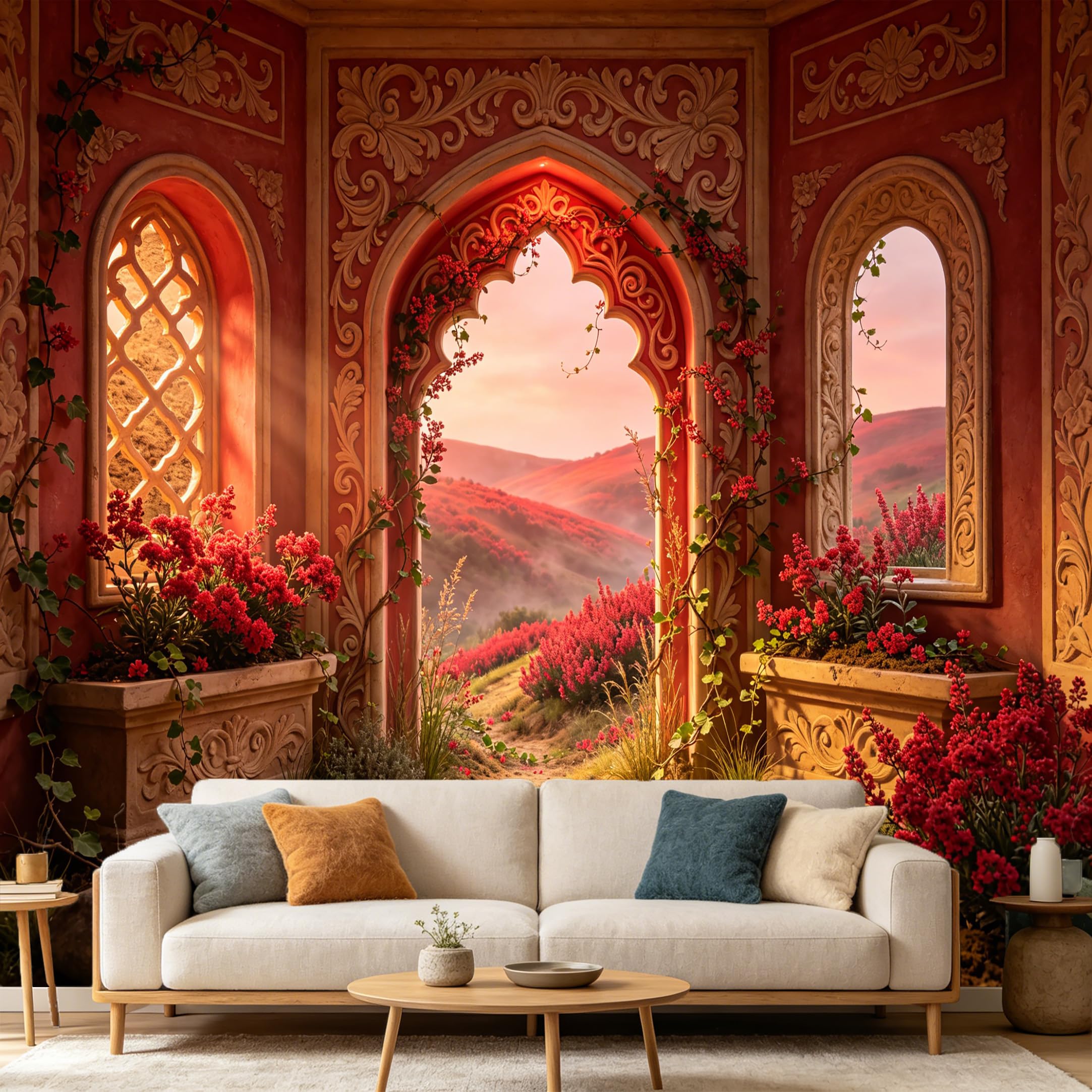 Custom Size Wall Mural， Mediterranean Archway Landscape Floral Garden View， SelfAdhesive Art Prints wall Fabric Removable Large Wallpaper Home Living Room Decor Aesthetic