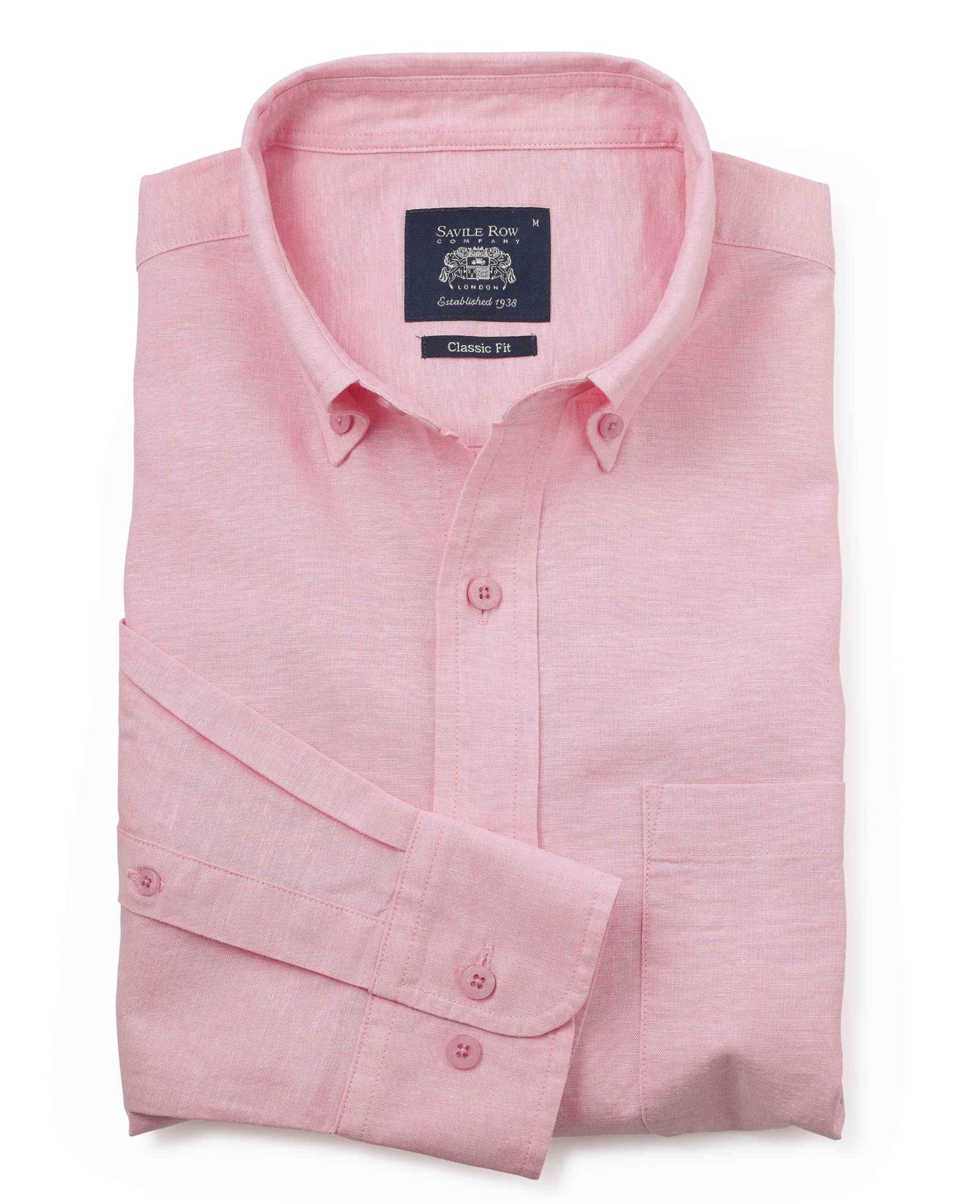 The Savile Row Company London Men's Pale Pink Classic Fit Linen-Cotton Blend Summer Casual Shirt - Xxl