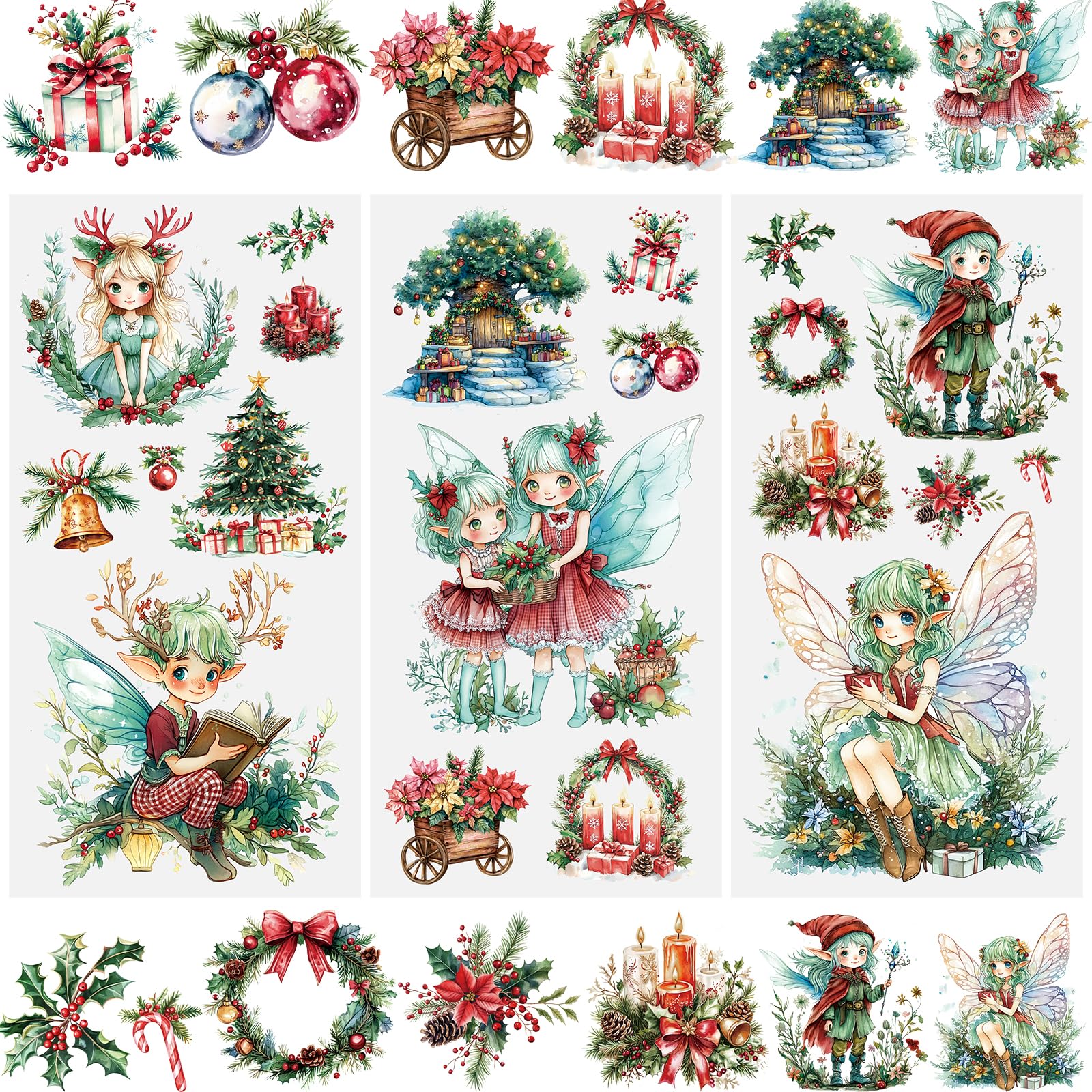 WANDIC 3 Sheets Rub on Transfers, Christmas Cute Cartoon Green Elf Scrapbook Sticker Butterfly Deer Elf Junk Journals Decals for Crafts,15 * 30cm