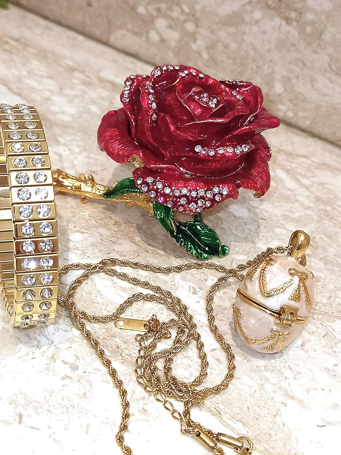 HANDMADE Rose Fabrege egg Ornament & Royal Jewelry 24k GOLD 5ct Swarovski Rose Jeweled egg & Faberge egg Russian Jewelry Necklace & 2ct Diamond Bracelet Birthday Gift for young lady Valentines day box : Handmade Products