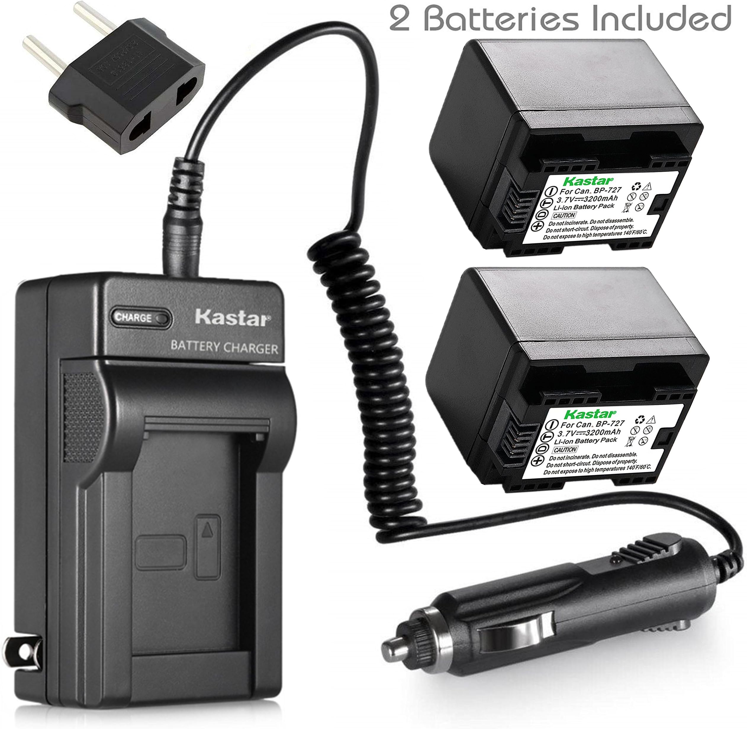 Kastar (FULLY DECODED) Battery (2-Pack) + Charger for Canon BP-727 and VIXIA HF M50, HF M52, HF M500, HF R30, HF R32, HF R40, HF  R42 , HF R50, HF R52, HF R60, HF R62, HF R300, HF R400, HF R500, HF R600