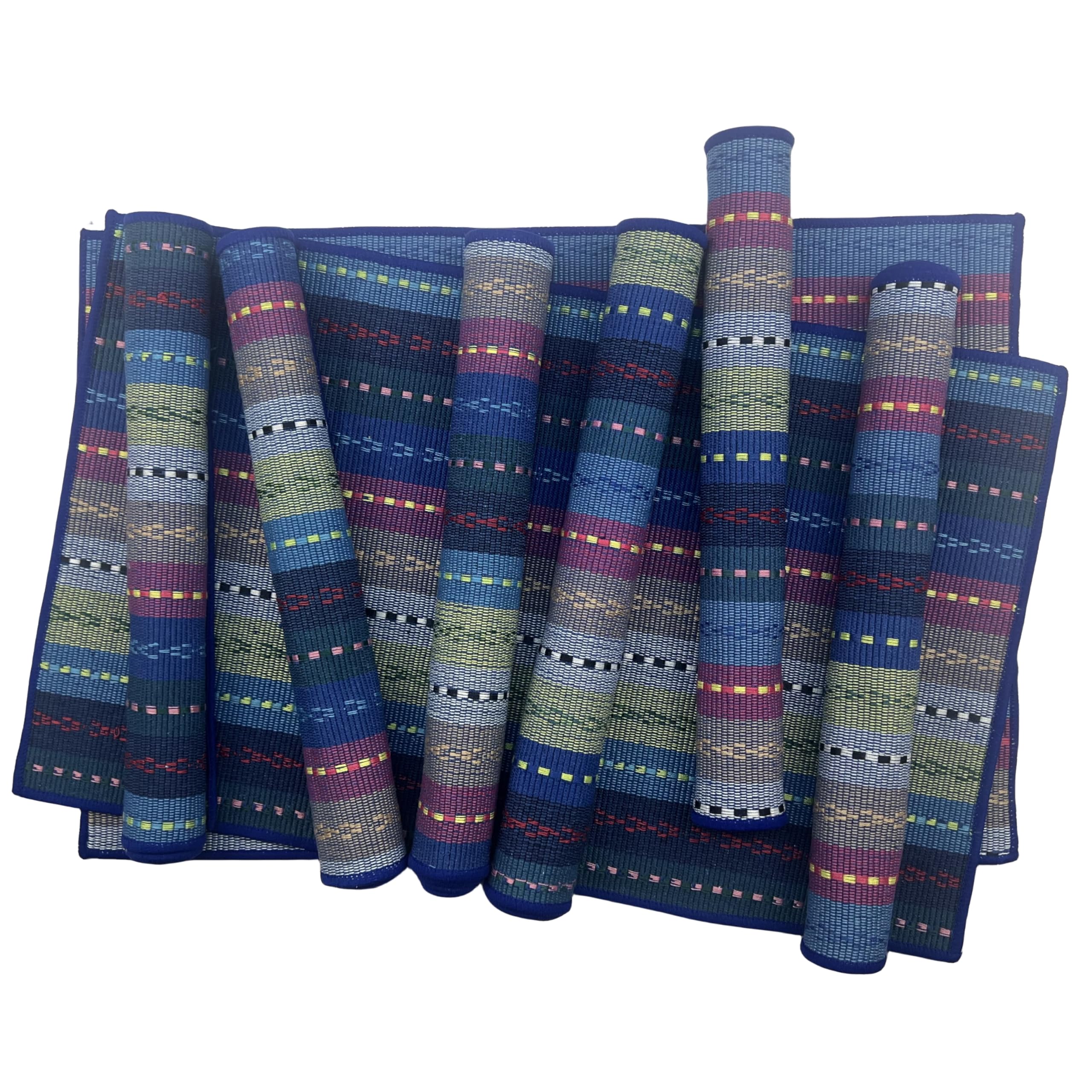 WAZAIGUR Handgewebte Tischsets aus 100 % Baumwolle, bunt, geflochten, gerippt, langlebig, wärmeisolierend, 8 Stück, blau