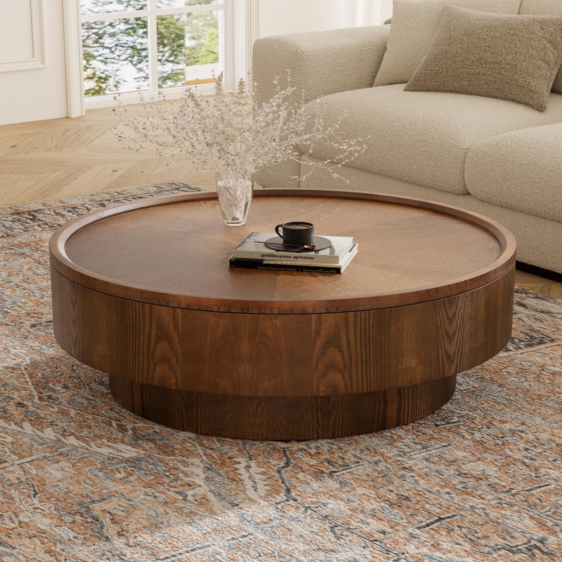 39 4 Round Coffee Table with Hidden Storage Modern Drum Coffee Tables with Solid Wood Veneer Wooden Circle