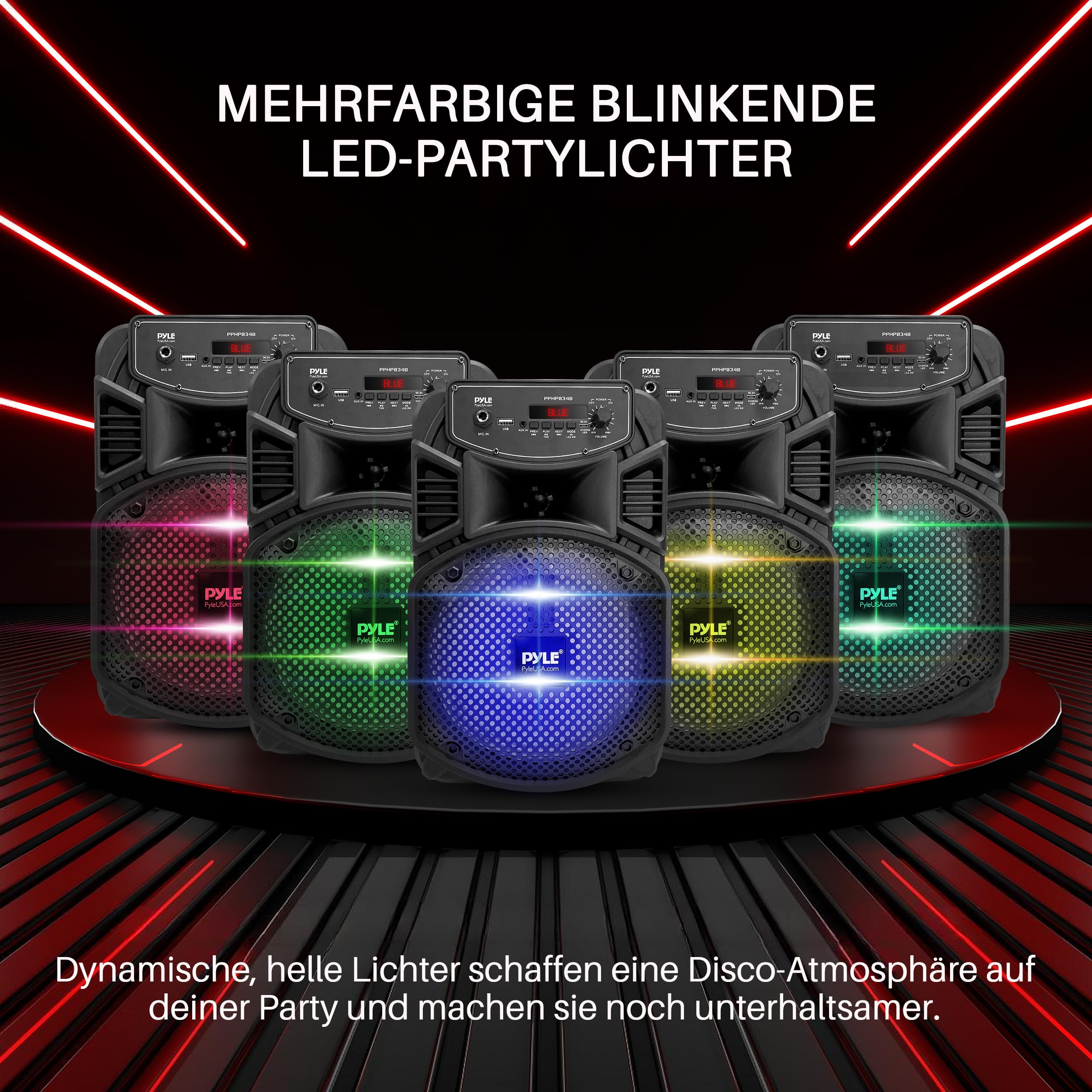 Pyle PA Bluetooth Lautsprecher Partybox mit 8" Subwoofer, 1" Tweeter, 300W, Fernbedienung, MP3/USB, Radio