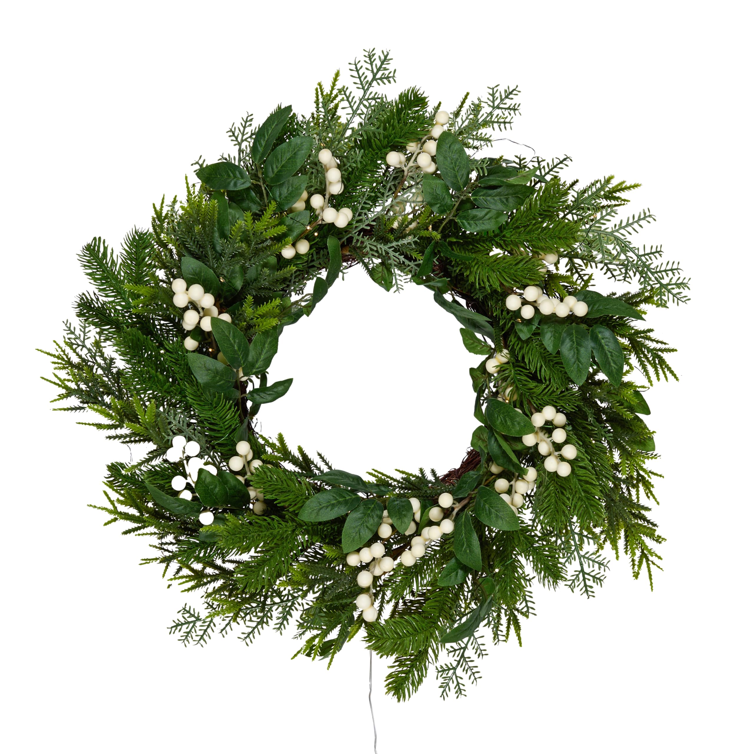Lights4fun Beleuchteter Türkranz mit künstlichem Tannengrün & weißen Beeren | mit 50 warmweißen LEDs | batteriebetrieben & mit Timer | Weihnachten Winter | ø 50 cm | grün/weiß