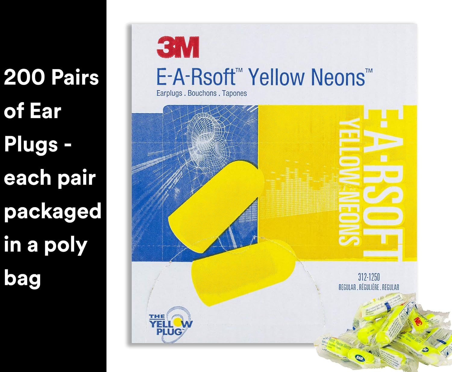 Top Brands 3M Ear Plugs, 200 Pairs/Box, E-A-Rsoft Yellow Neons 312-1250, Uncorded, Disposable, Foam, NRR 33, Drilling, Grinding, Machining, Sawing, Sanding, Welding, 1 Pair/Poly Bag