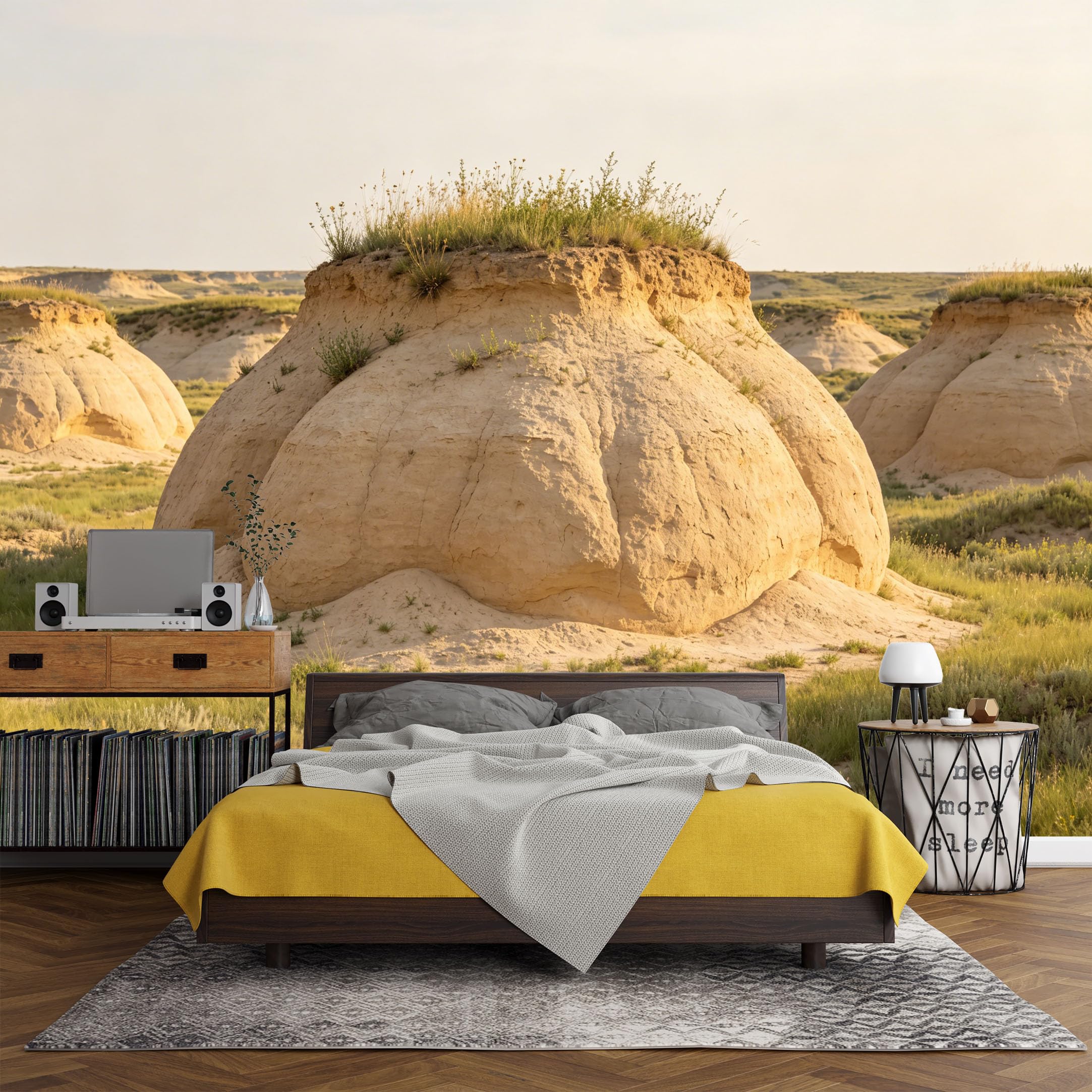 Custom Size Wall Mural， Desert Landscape Sandstone Hoodoo Formations Grassland Panorama，SelfAdhesive Art Prints wall Fabric (No PVC) Removable Wallpaper Living Room Decor
