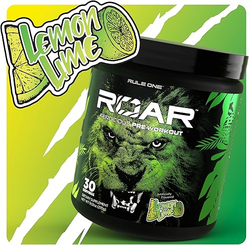 Miniatura 7 de Rule 1 R1 Roar, Limón Limón  9.52 oz  Polvo de pre-entrenamiento  con creatina, beta-alanina, citrulina, electrolitos y cafeína  30 porciones