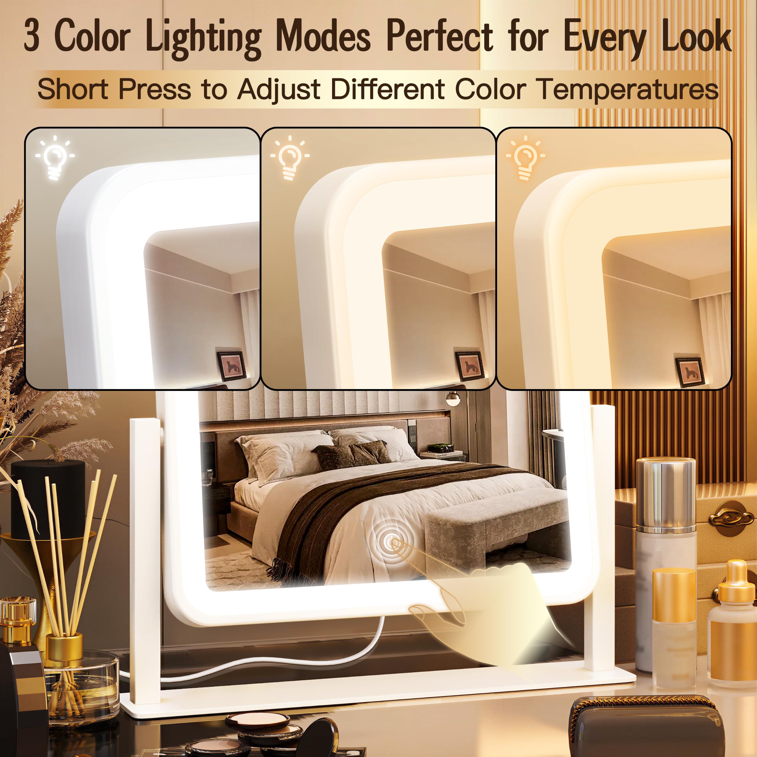 Lighted Makeup Mirror with Touch Control, 3 Color Modes & Dimming