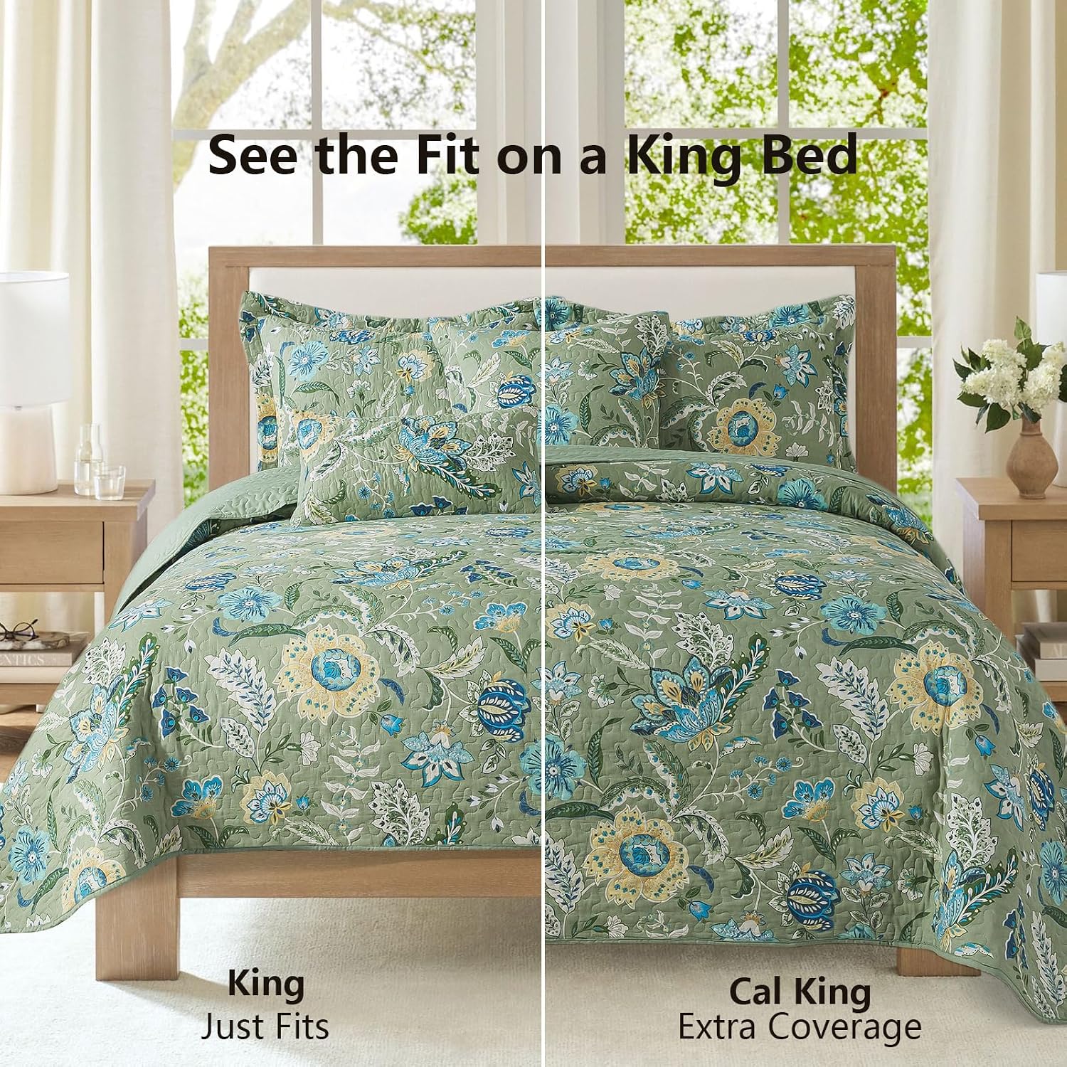 BEDIFANY Green California King Size Comforter Set 3 Pieces, Cotton Oversized King Quilts for Bed, Lightweight Farmhouse Quilted Bedspread for All Season, Sage Green | Green
