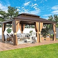 Vista 11 de YOLENY - Cenador de acero galvanizado con techo duro de 12 pies x 20 pies, marco de aluminio con doble ventilación, cortinas y malla incluidas