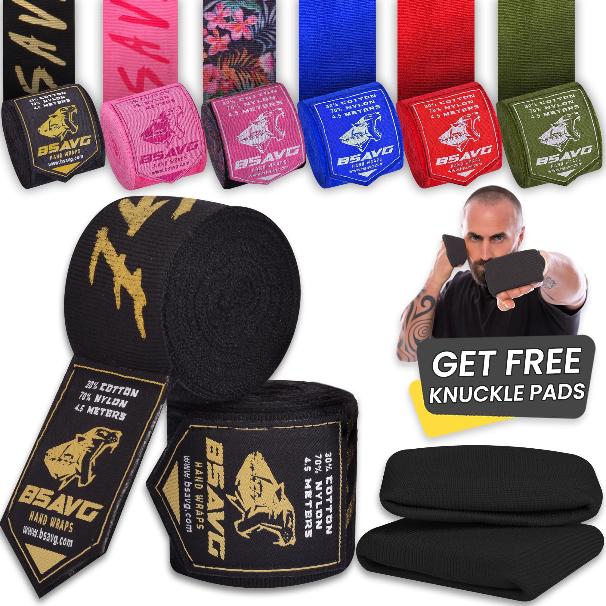 BeSAVAGE Hand Wraps 180 Inch Elastic Boxing Bandages with Knuckle Guards for Muay Thai, MMA, Kickboxing, Martial Arts, Punching Bag Training - Wrist & Knuckle Protection for Men, Women, Youth