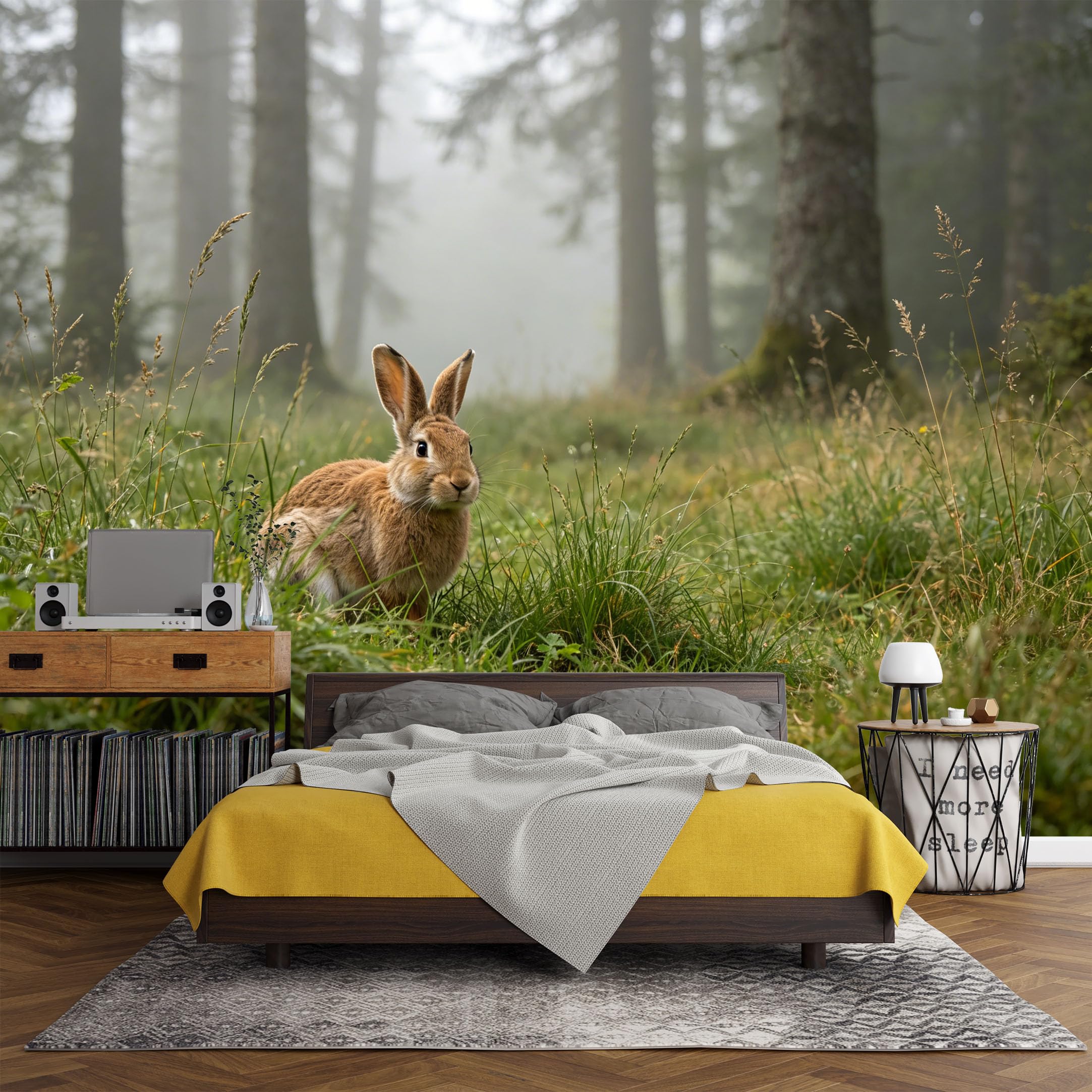 Custom Size Wall Mural， Forest Rabbit Meadow Misty Morning Landscape Woodland Nature，SelfAdhesive Art Prints wall Fabric (No PVC) Removable Wallpaper Living Room Decor