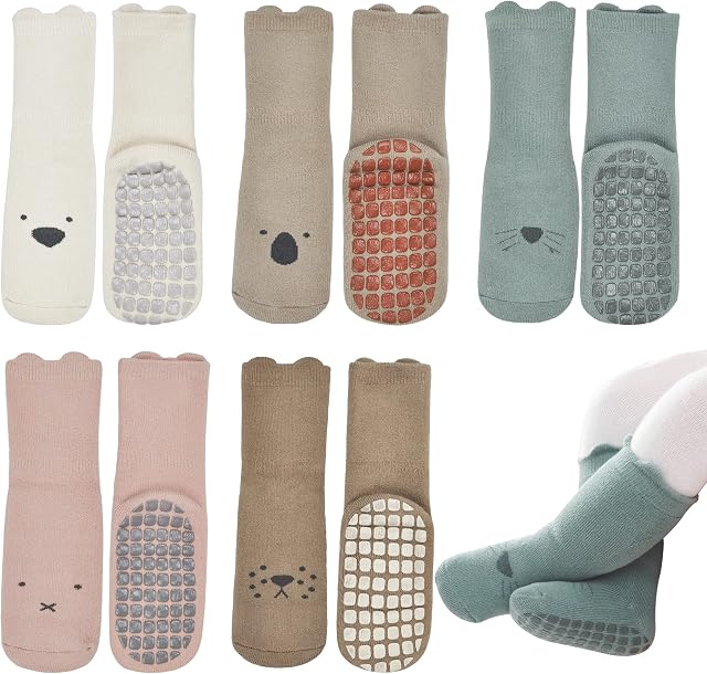 beifon 5 Pairs Baby Grip Socks Thicken Winter Toddler Anti-slip Socks Cute Animal Floor Socks Anti Skid Ankle Thermal Socks for 3-5 Years Infants Kids Boys Girls (5 colors (thickening for winter))