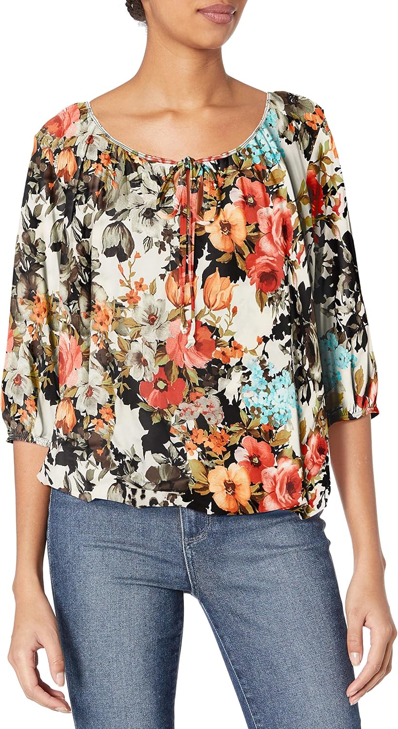 Star Vixen Womens 3/4 Sleeve, Front Tie Peasant Top