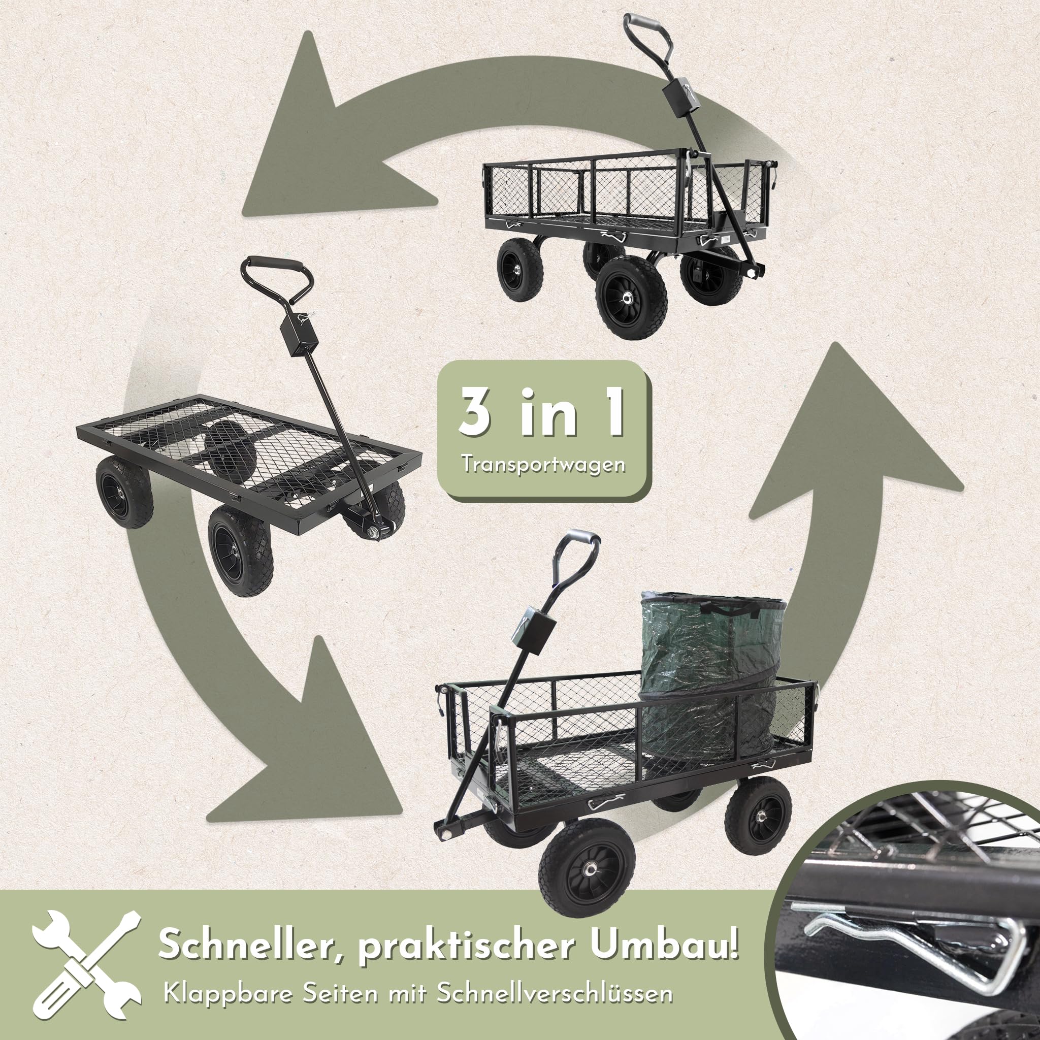 Lemodo Gartenwagen aus Stahl mit Laubsäcken und Gummireifen, 300 kg Tragkraft, Ladefläche 96,5 x 53 x 22 cm, Anhänger mit Kupplung für Rasentraktor ideal für Laub, Gartenabfälle, Holz und Gartenarbeit