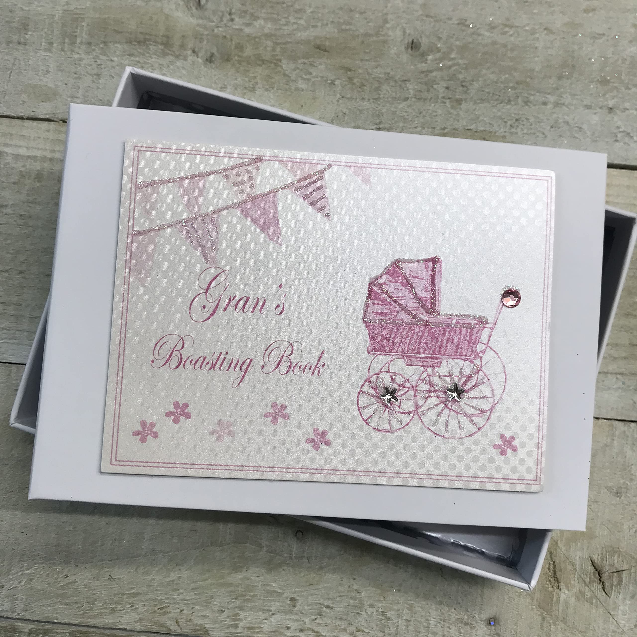 GRAN'S BOASTING BOOK - PINK PRAM & BUNTING - TINY 6X4 PHOTO ALBUM - BY WHITE COTTON CARDS (PRP5)