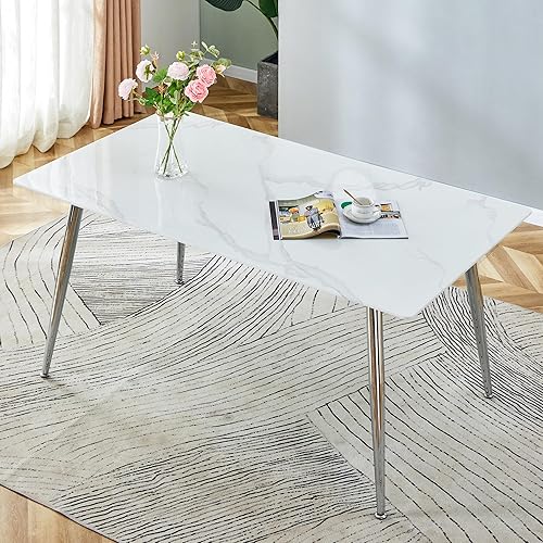 Miniatura 1 de AISYKOD Mesa de comedor de mármol para 4 a 6, moderna mesa de comedor de cocina, mesa rectangular de mármol sintético blanco de 63 pulgadas con