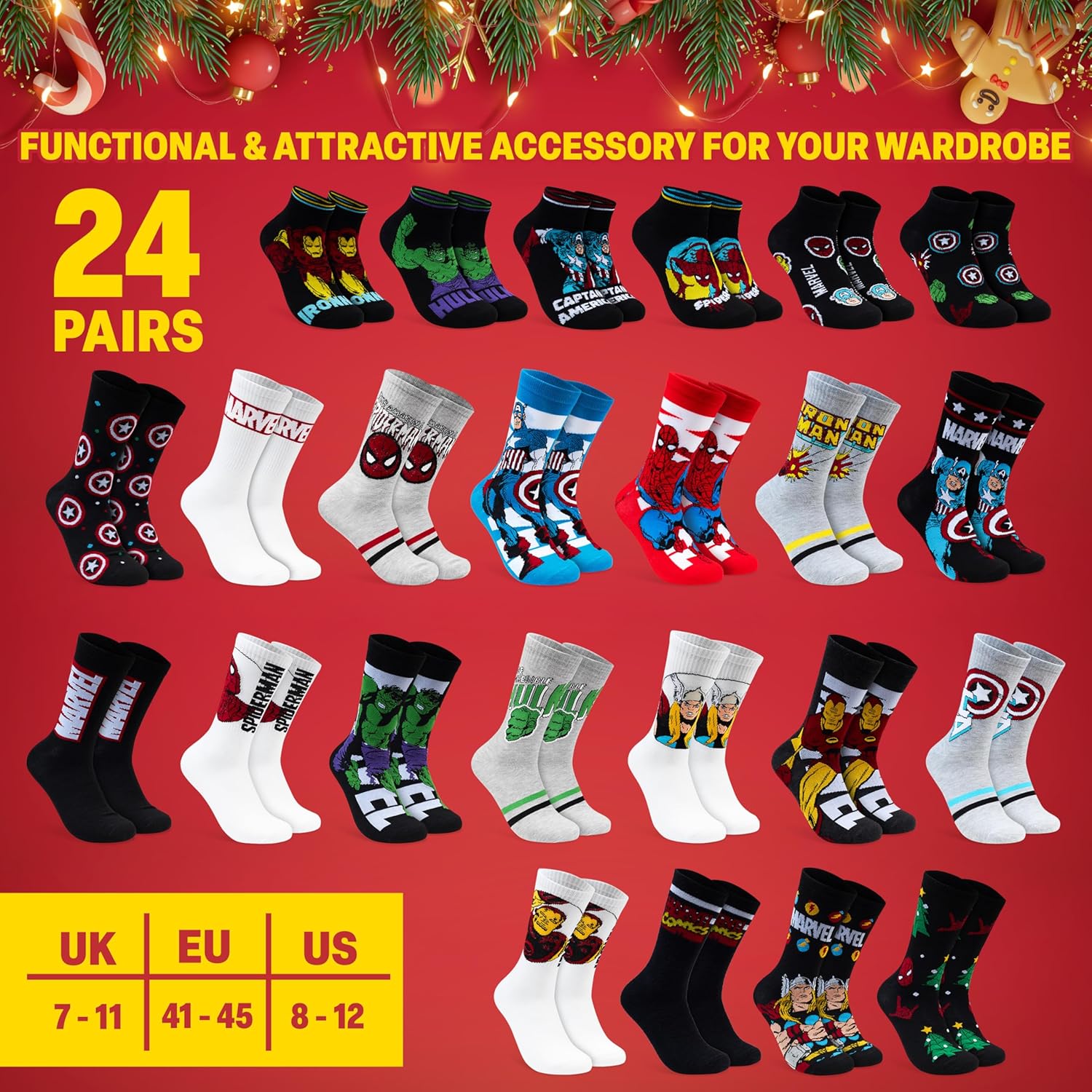 Get Trend Marvel 24 Pcs Socks Advent Calendar 2025 for Men, Teens, Funny Crew Socks Size 8-12, Christmas Countdown Calendar, Gifts for Men