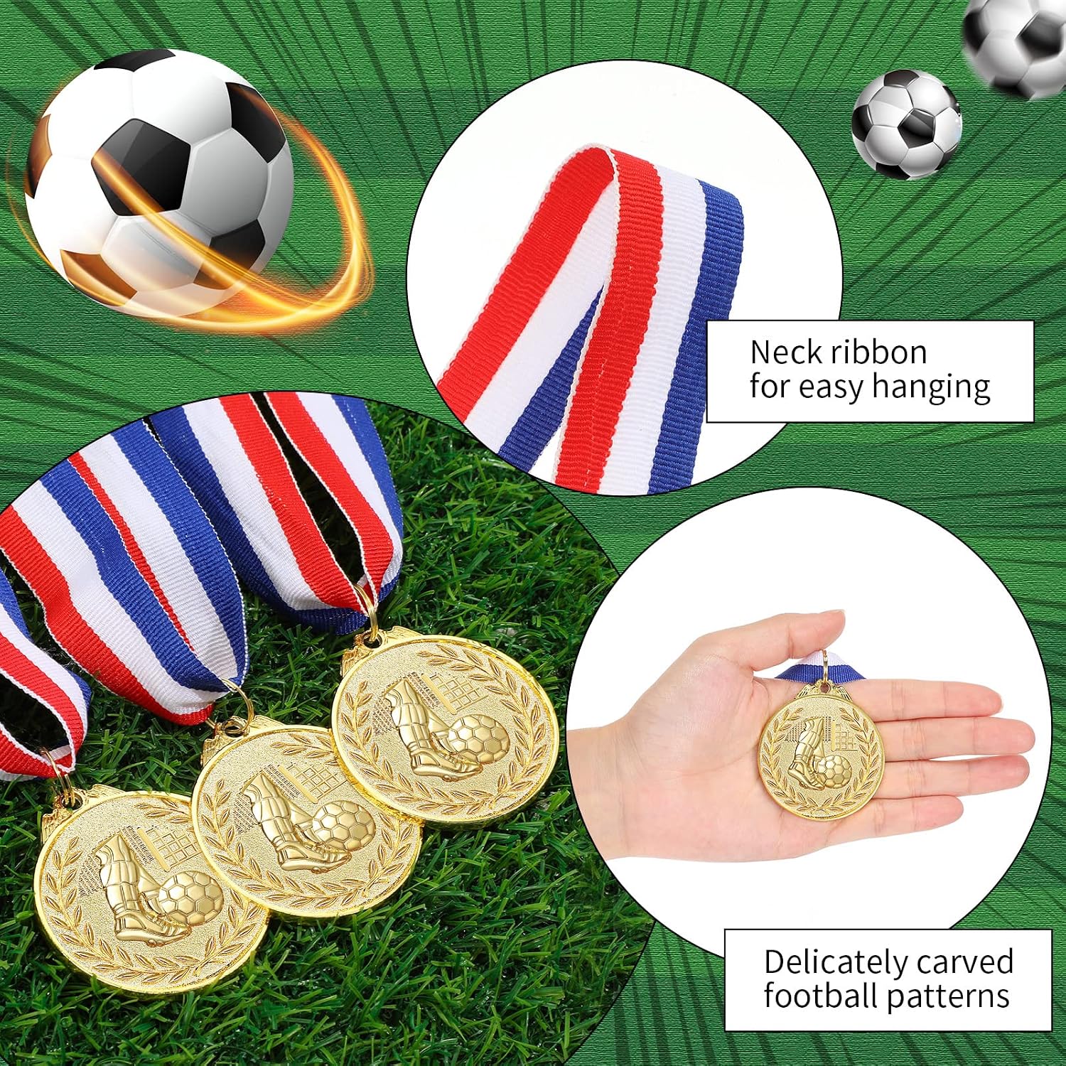Yinkin 24 Pieces Soccer Gold Award Medals Set Soccer Metal Medals Participation Trophies with Red, White, and Blue Striped Ribbon for Sports Team Competition Participation Winner Prizes Awards Gift
