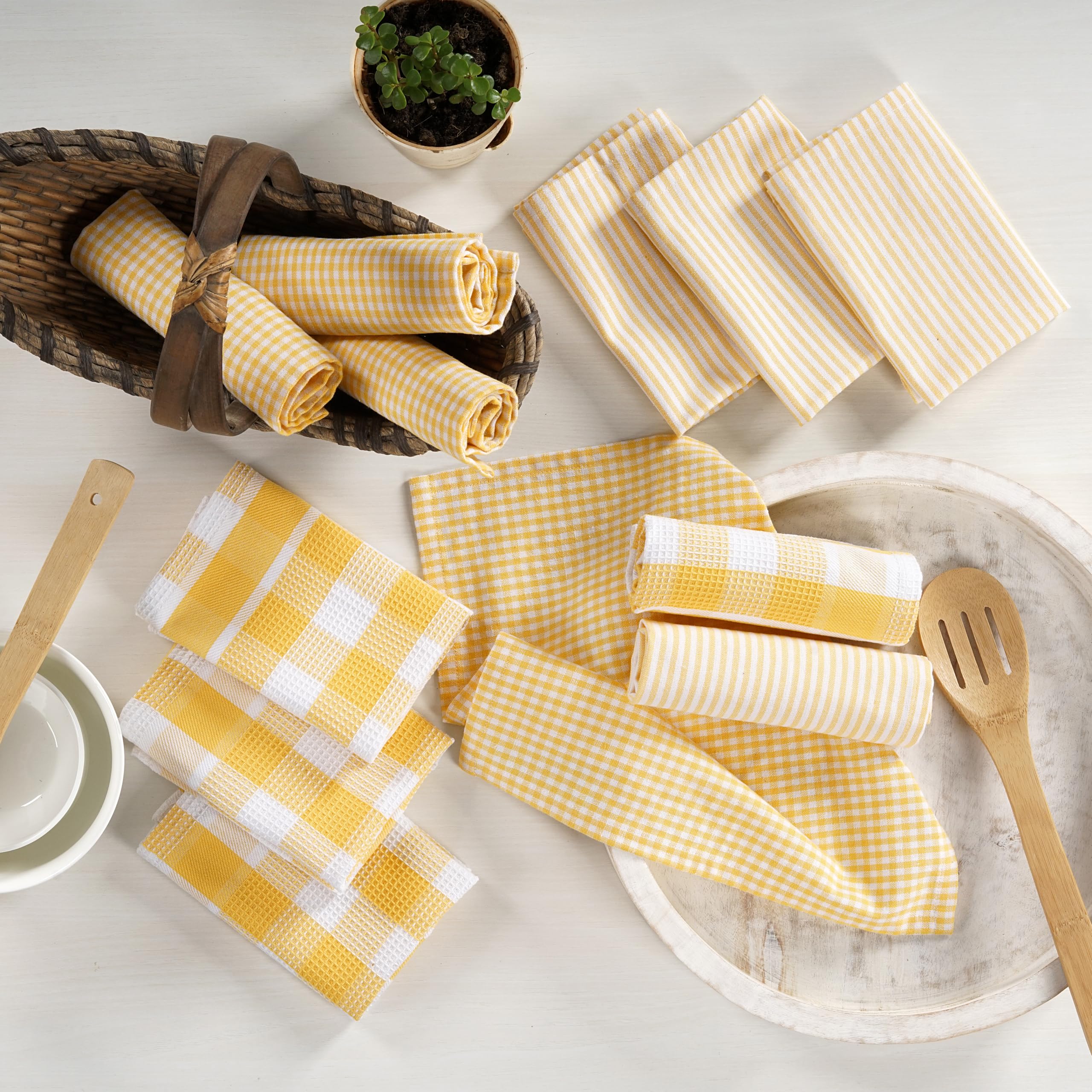 LANE LINEN Paños de cocina 100% algodón, ultrasuaves, absorbentes, de secado rápido, multitejido, 13 x 13 pulgadas, paquete de 12 unidades, color amarillo
