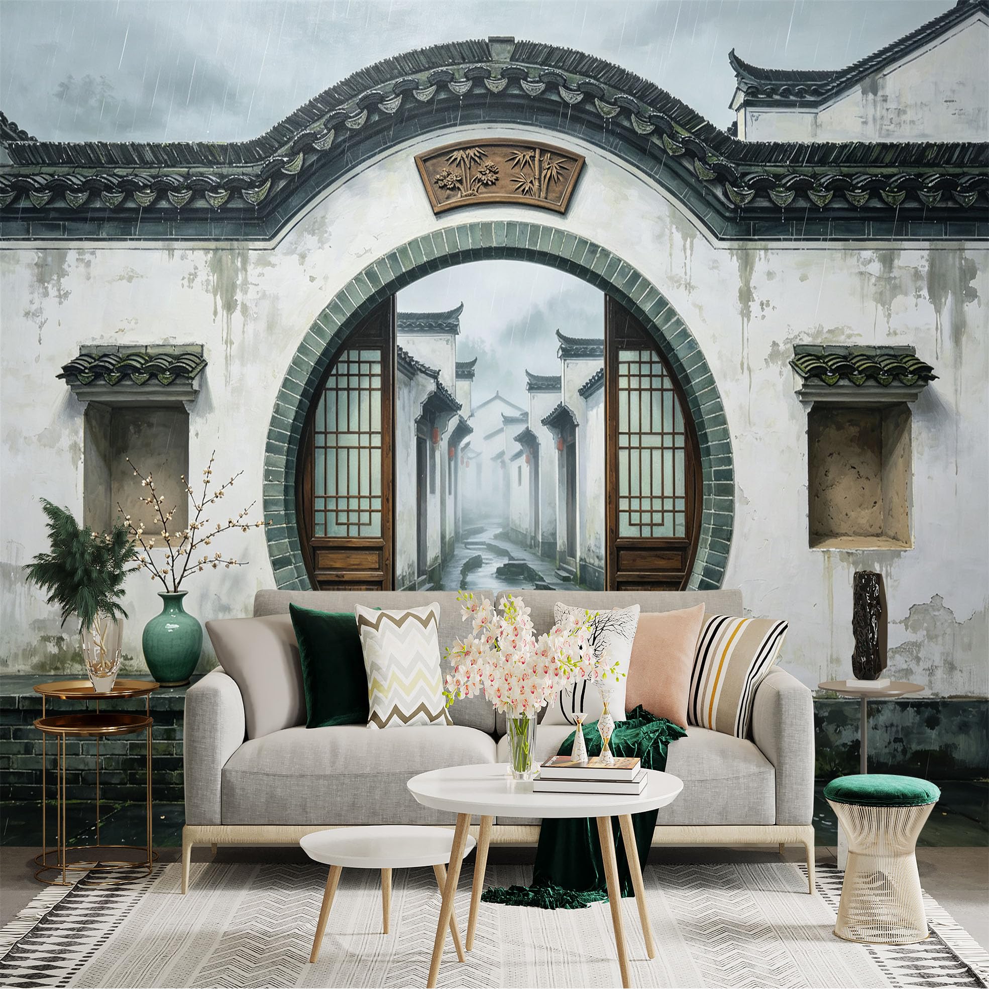 Custom Size Wall Sticker Mural， Chinese Courtyard Gate， Rainy Alley and Traditional Architecture， for wall Decoration， peelandstick wall Decals.