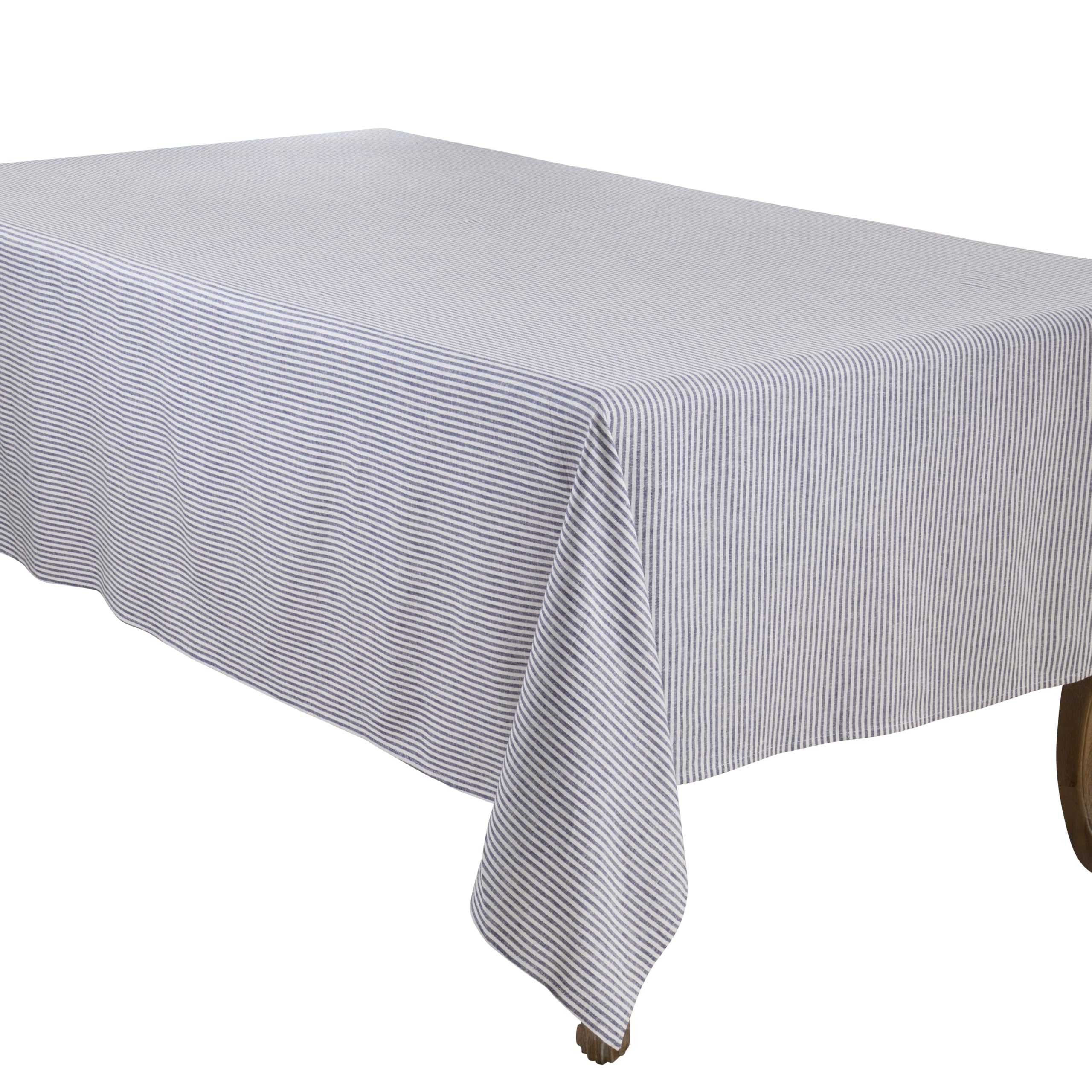 SARO LIFESTYLE Farmhouse Stripe Linen Blend Tablecloth - Rustic Woven Stripe Tablecloth for Everyday Family Meals, Casual Entertaining & Country Home Décor, 60"x90", Navy Blue