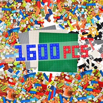 1600 PCS Building Bricks Set, Classic Bulk Building Blocks Compatible with All Major Brands, Includes 3 Baseplates, 53 Wheels Doors Windows Accessories, Creative STEM Construction Toy Gift for Kids