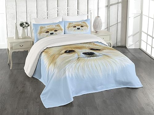 Lunarable Juego de colcha de animales tamaño Queen, divertido retrato de perro Pomerania con gráfico de amor de compañero, juego de colcha acolchada