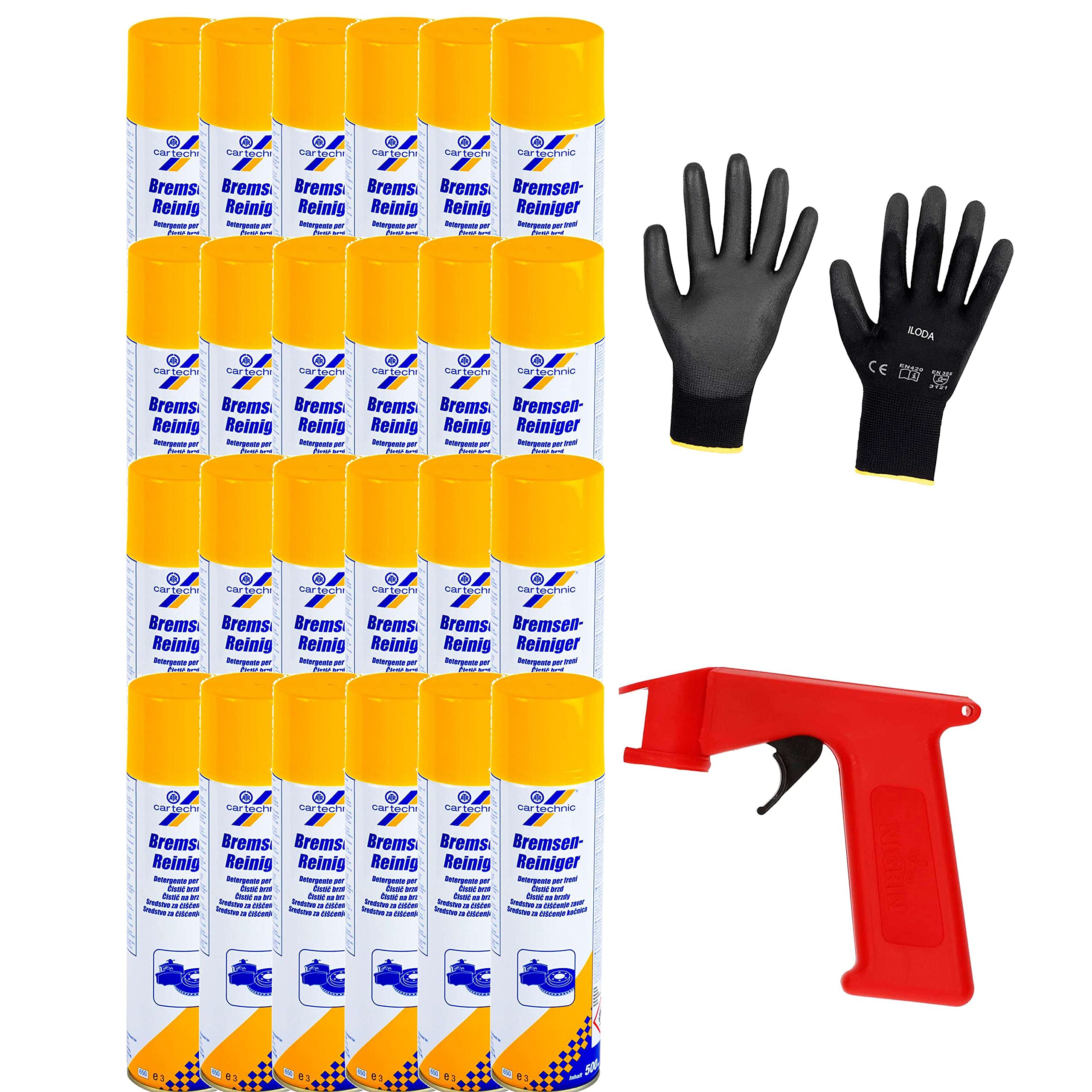 Schutzhandschuhe + Sprüh-Pistolengriff (rot oder schwarz) + 24x 500ml cartechnic Bremsenreiniger Spray, Entfetter, Ölentferner, Fettentferner