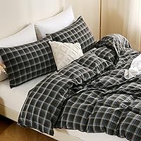 Vista 4 de TOCOMOA Juego de funda de edredón a cuadros de búfalo 100% algodón lavado, tacto súper suave y cómodo, juego de funda de edredón de 2 piezas