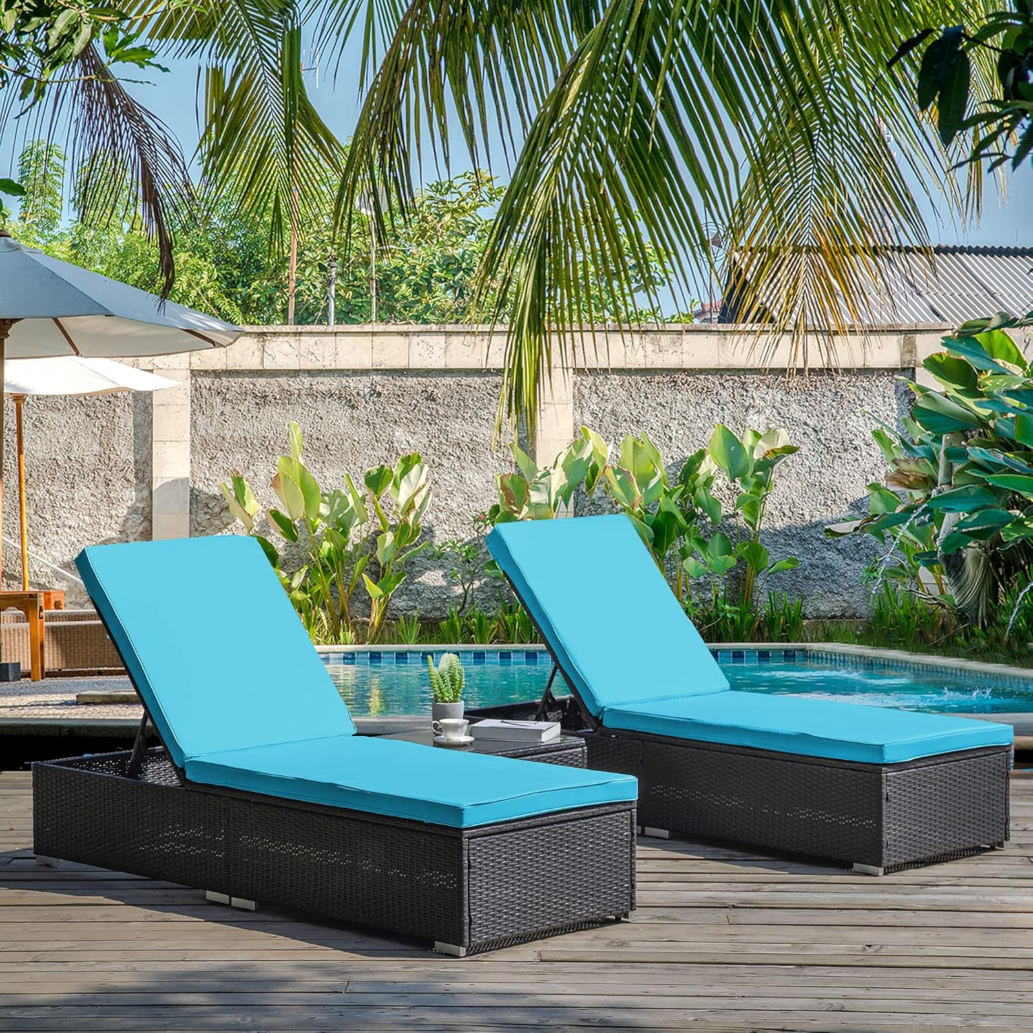 Do4U 3 Pieces Outdoor Chaise Lounge PE Wicker Reclining Chair with Cushions Furniture Set Patio Lounge Chair Adjustable Backrest Recliners for Outdoor Patio Beach Pool Backyard (Blue) : Patio, Lawn & Garden