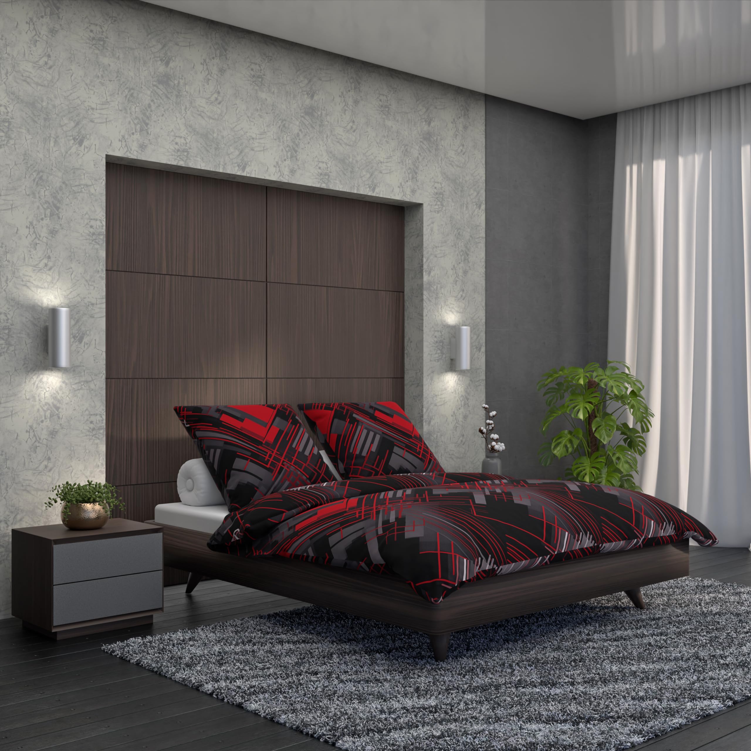 LARAWELL Biancheria da letto 135 x 200 cm, in cotone per tutto l'anno, set di biancheria da letto rosso grigio astratto geometrico Premium