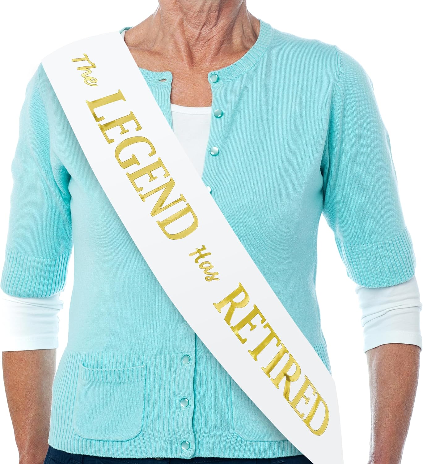 The Legend Has Retired Sash – Elegant White and Gold Foil Legendary Sash for Both Women and Men & a Large Gold Safety Pin. Perfect for Retirement Parties by JPACO