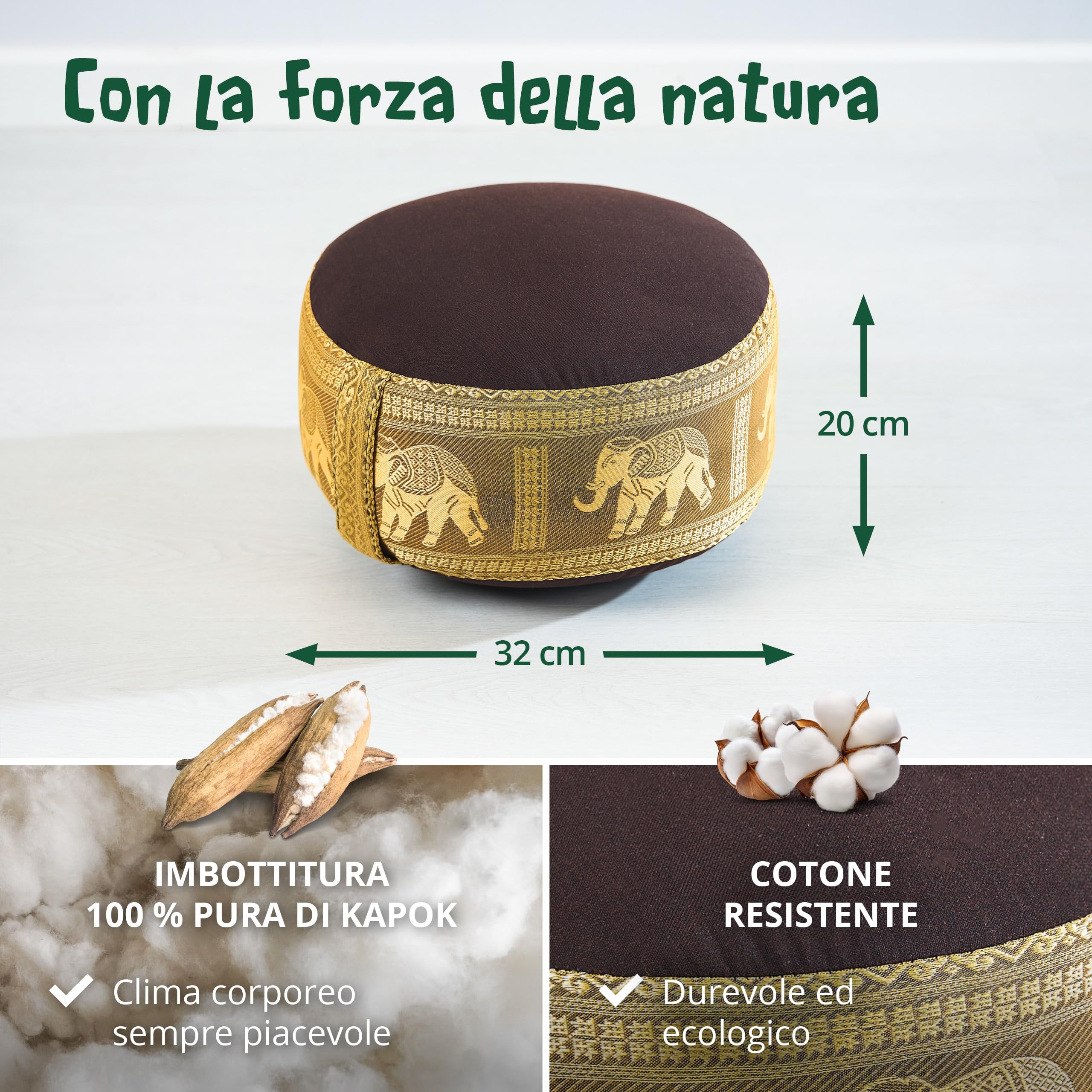 livasia Cuscino da Meditazione Seta thailandese - Ø 32x20cm - Cuscino per Yoga Piccolo kapok, Pouf, Cuscino da Pavimento Yoga Zen, Cuscino Giardino Balcone, Fatto a Mano (Marrone/Oro/Elefanti Seta)
