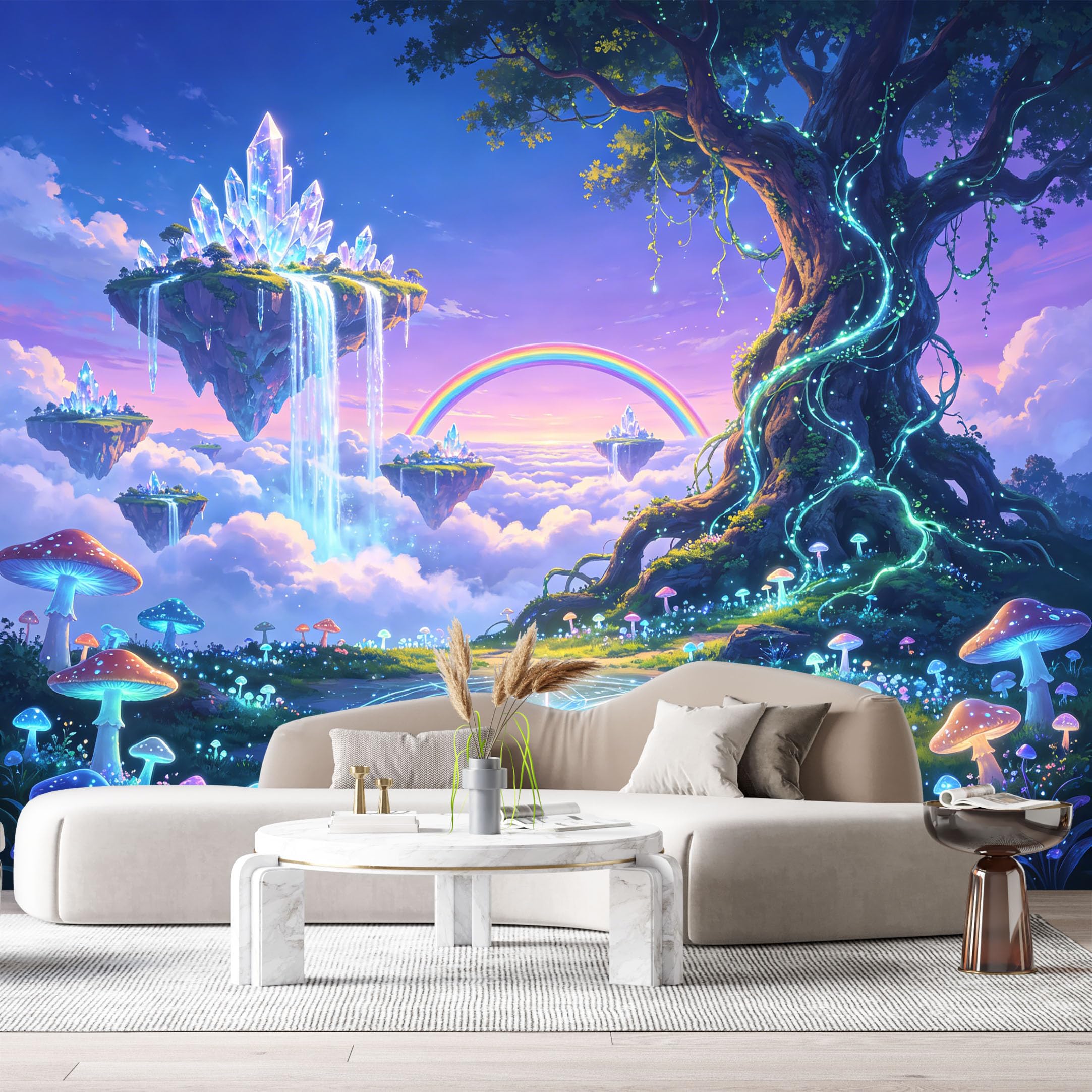 Custom Size Wall Murals Fantasy Tree Glowing Mushrooms Floating Islands Rainbow Cloudscape SelfAdhesive Wall Fabric Removable Large Wallpaper for Photo Living Room