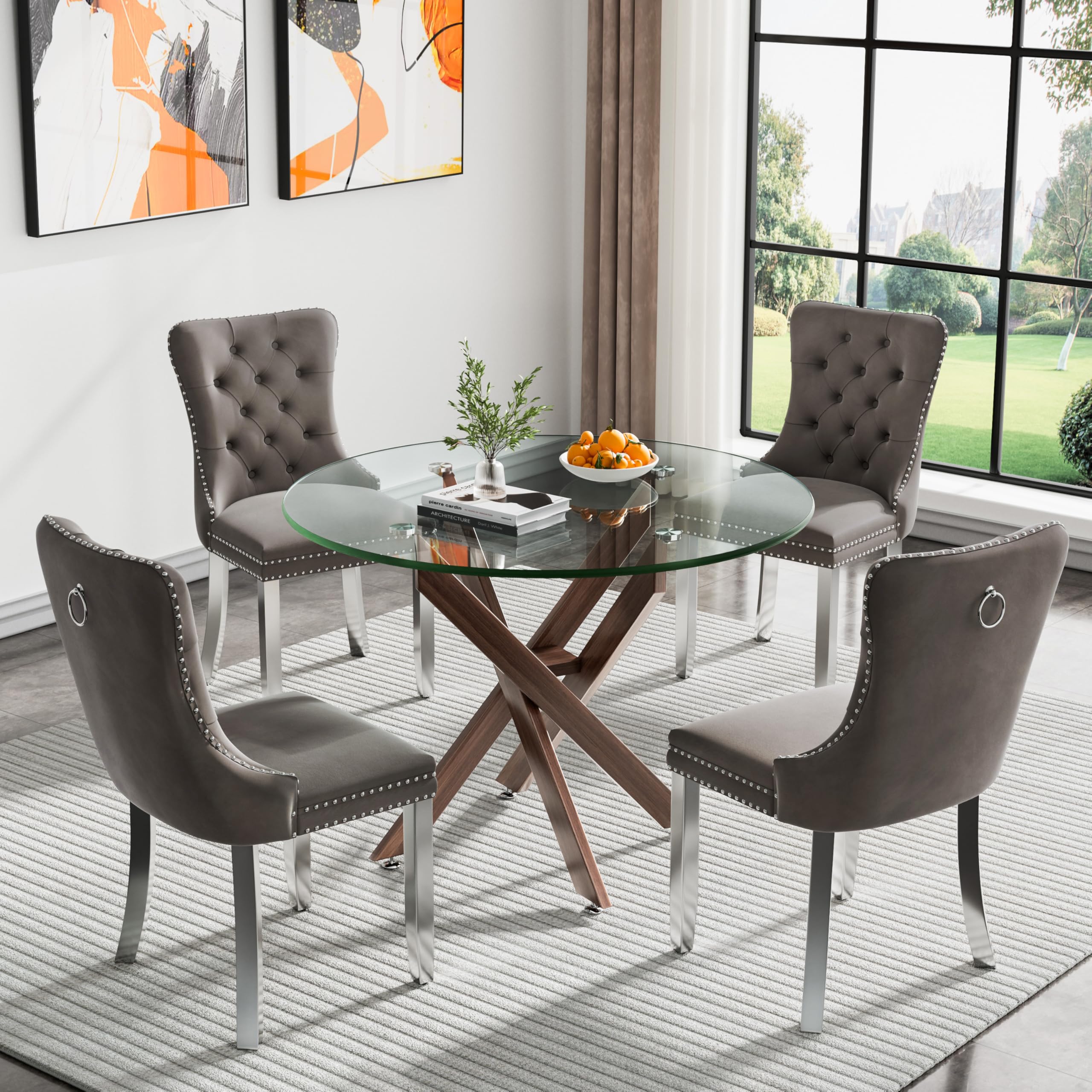 MTFY 36" Walnut Glass Dining Room Table Set for 4, 5 Pieces Modern Round Kitchen Dining Table Set with Cross Metal Legs and 4 Grey Velvet Upholstered