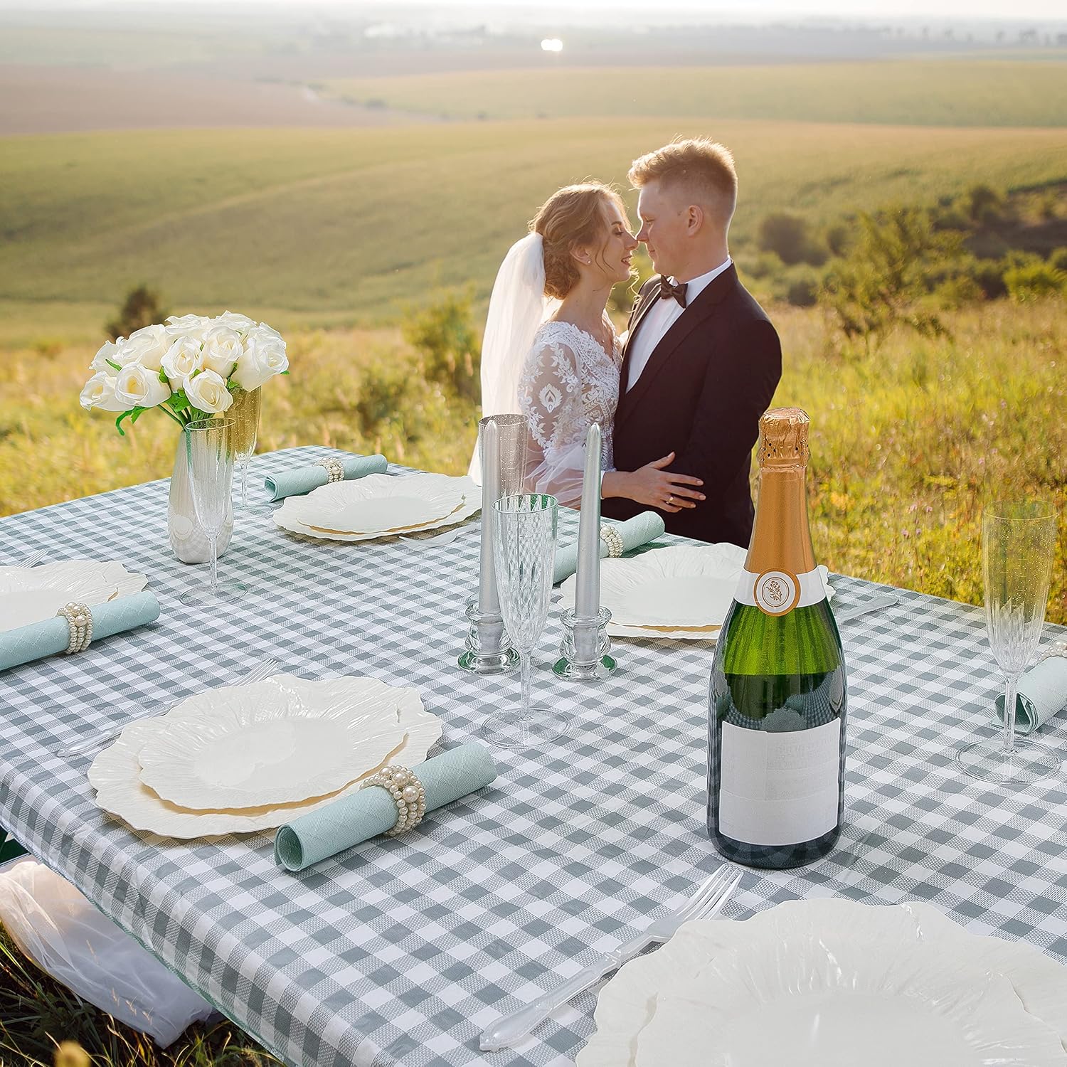 Tablecloth for Folding Table -Fitted Rectangular Table Cloth Plastic Vinyl Backed with Elastic Rim- for Christmas|Parties, Picnic (Gray Plaid, 8 ft, 32x96 inch)