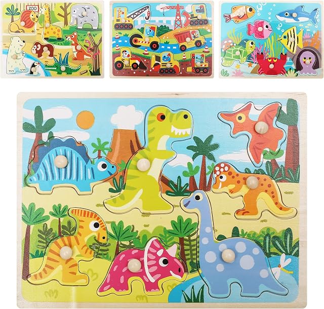 EACHHAHA Wooden Puzzles for Toddlers,4 Pack Wooden Peg Puzzle Set, Learning Educational Puzzles Toys for Boys and Girls,Wonderful pattern Puzzles Games for Kids 2 3 year olds
