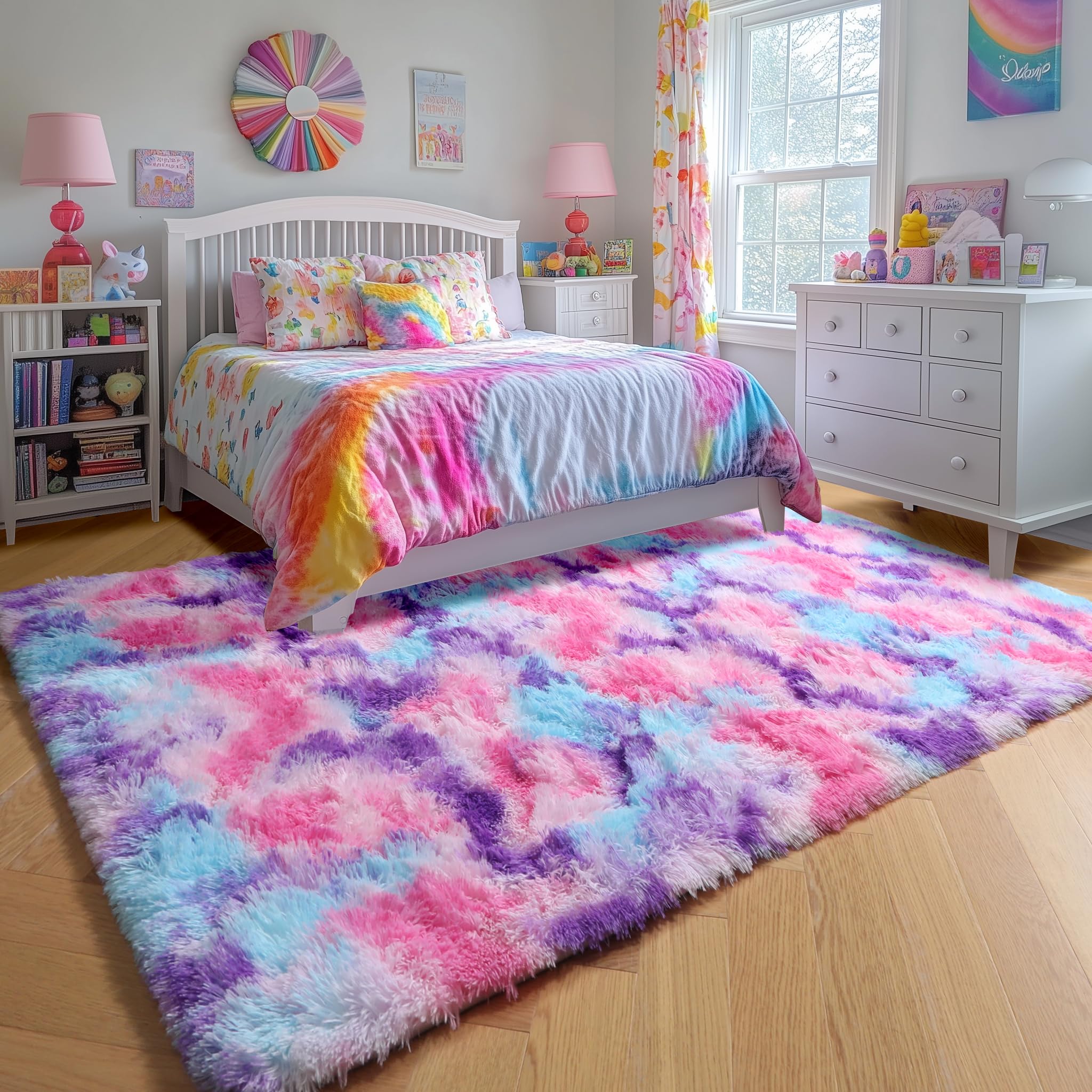 Amdrebio Hot Pink Rainbow Area Rug for Girls Room 4x6, Soft Fluffy Cute Fuzzy Colorful Kids Rugs for Bedroom Nursery Playroom Classroom, Shaggy Floor